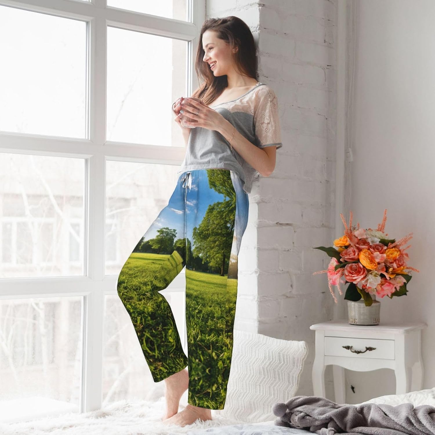Grasses View Print Cozy Christmas Pajama Pants,Flannel Pajama Bottoms,Cater To Various Body Types