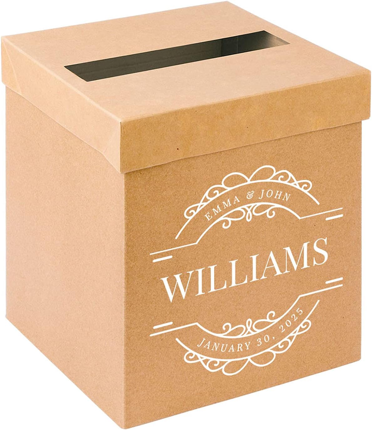 Andaz Press Personalized Sturdy Rustic Card Box for Wedding Natural Kraft with White Text Round Art Deco Frame Custom Post Box Rustic Card Box for Country Wedding Decorations Reception 10x10x10 Inches