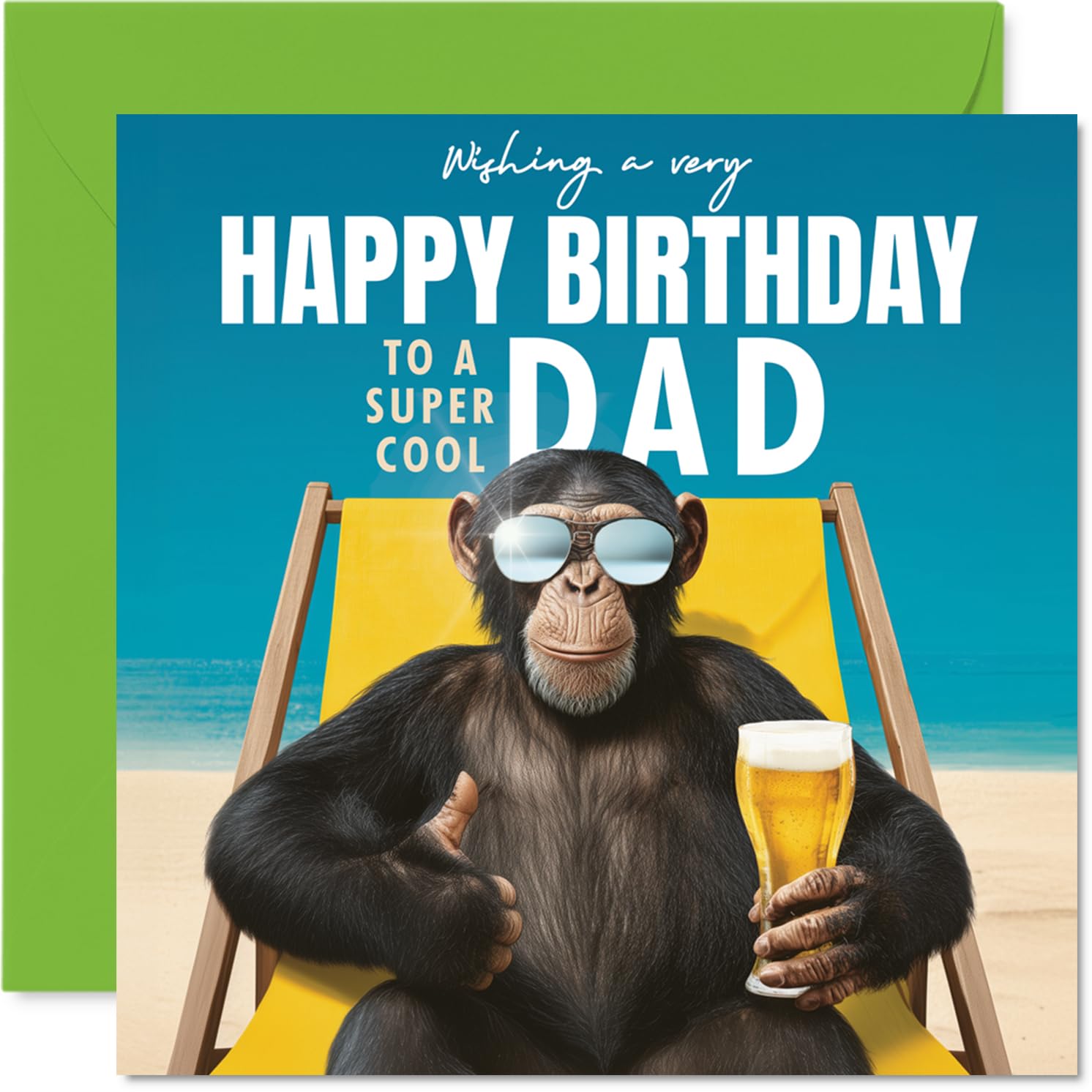 Dad Birthday Card - Relaxing Chimp on Beach - Happy Birthday Card for Dad from Son Daughter, 145mm playful animal illustration Bday Greeting Cards