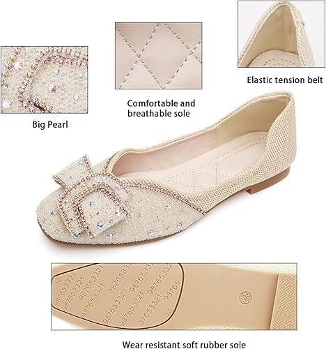 Miniatura 4 de Zapatos planos de cabeza cuadrada para mujer, zapatos de vestir de novia con diamantes de imitación brillantes, cómodos, antideslizantes