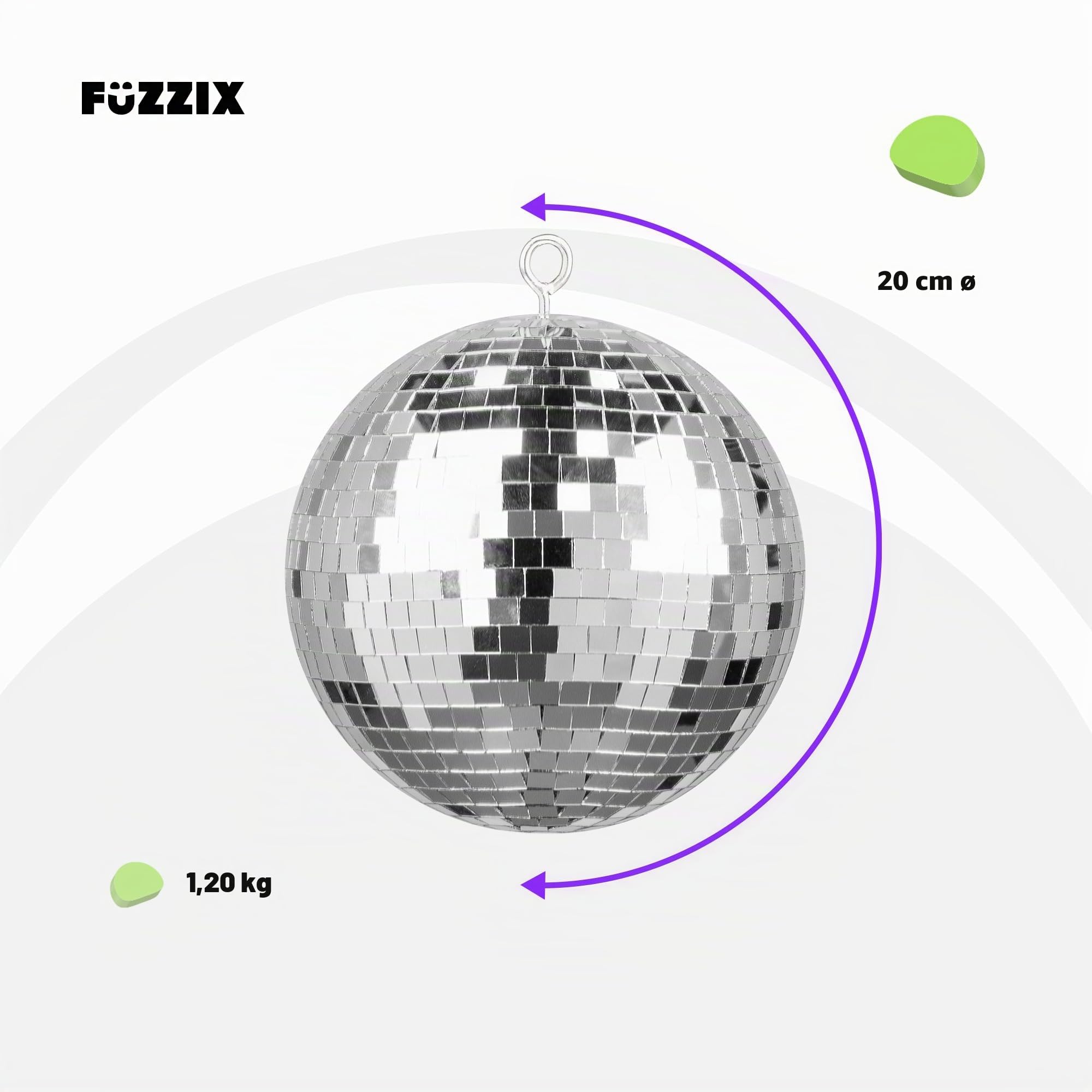 Fuzzix MB20ML Bola de discoteca. Bola de espejos a pilas de 20cm con motor LED giratorio. Bola disco para colgar con LEDs. Ideal para discoteca, bodas, fiestas, cumpleaños, salón de baile.