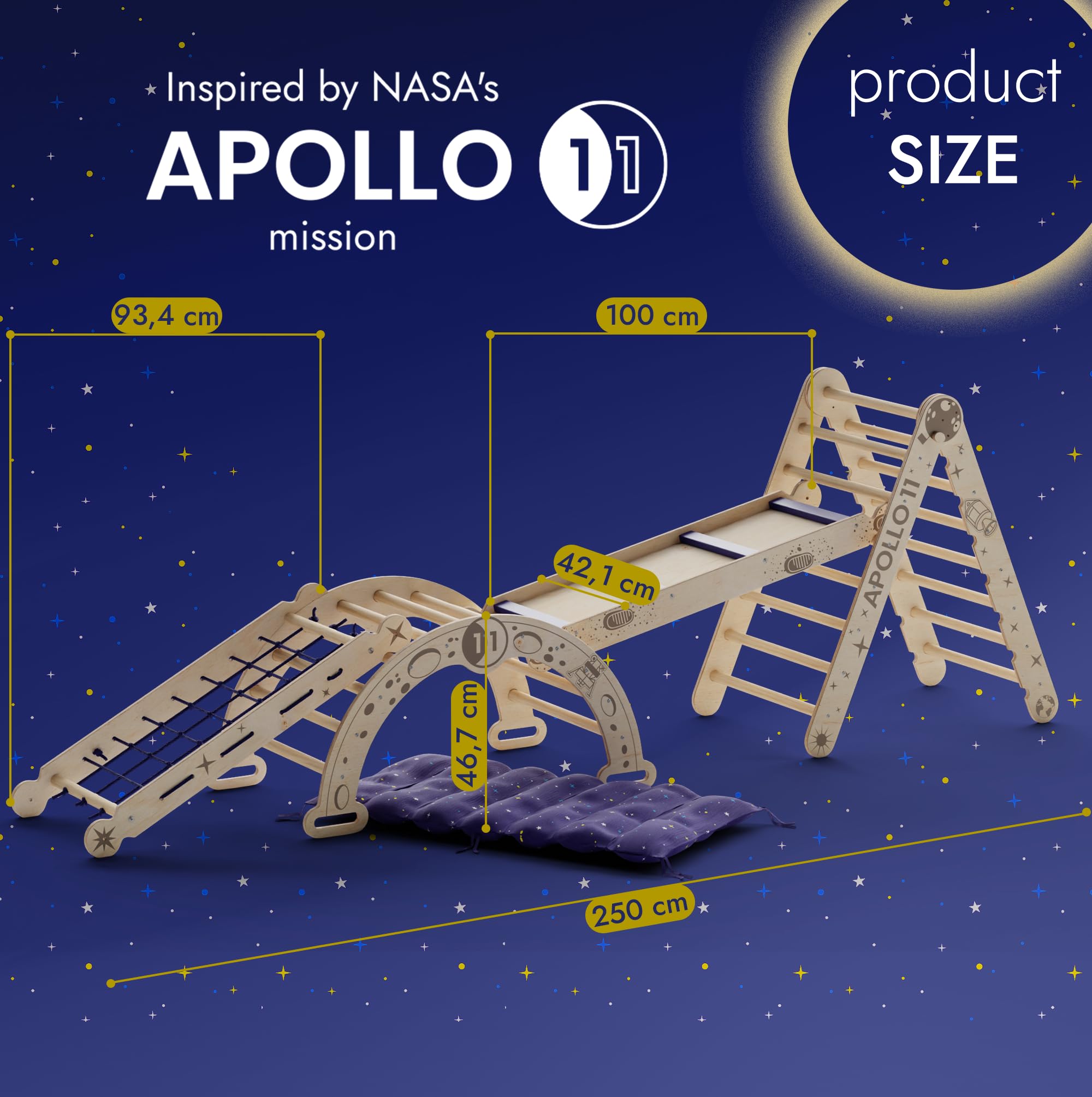 Goodevas Apollo 5 in 1 Space Set da arrampicata per bambini – Attrezzo da gioco in legno Montessori ispirato alla NASA: Triangolo Pikler, arco lunare, scivolo, rete e cuscino a stella, per piccoli