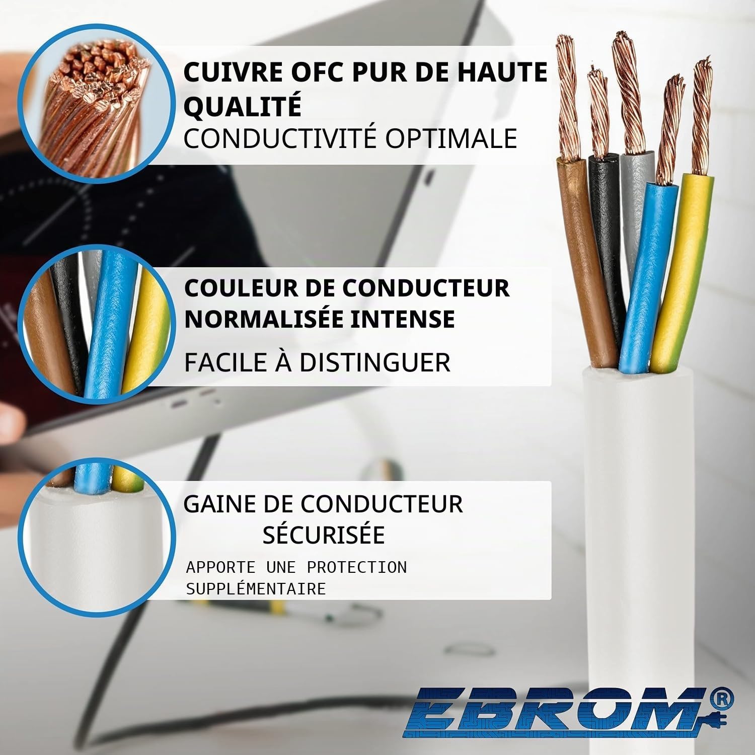Câble H05VV-F 5G1,5 mm² - 5 x 1,5 mm² - Blanc - 10 m, 25 m, 50 m ou 100 m