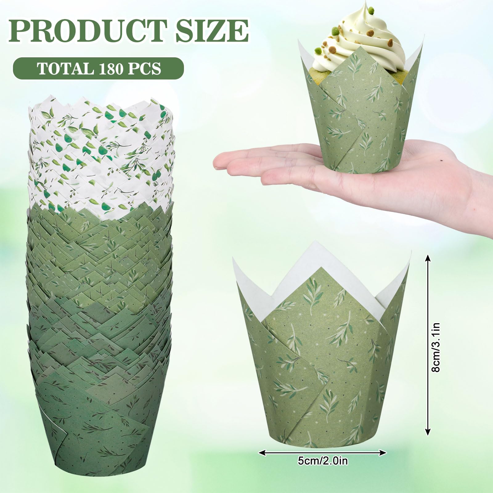 Whaline 180Pcs Greenery Tulip Cupcake Liners Eucalyptus Olive Leaf Muffin Baking Liners Tulip Cupcake Wrappers Baking Cup for Bridal Baby Shower Wedding Birthday Party Decor