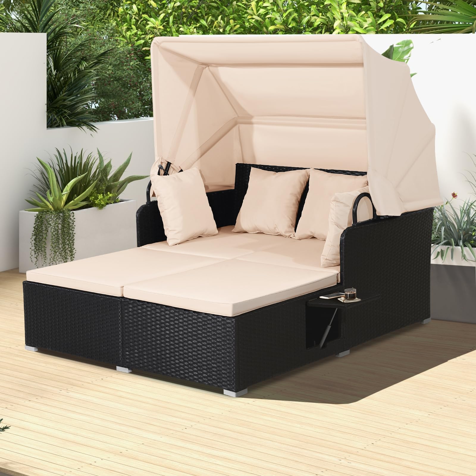 COSTWAY Lettino Prendisole per 2 Persone, Divano Letto Matrimoniale da Esterno in Rattan con Tettuccio Retrattile e Cuscini, Isola Prendisole per Giardino Cortile Balcone,165 x 153 x 138 cm (Beige)