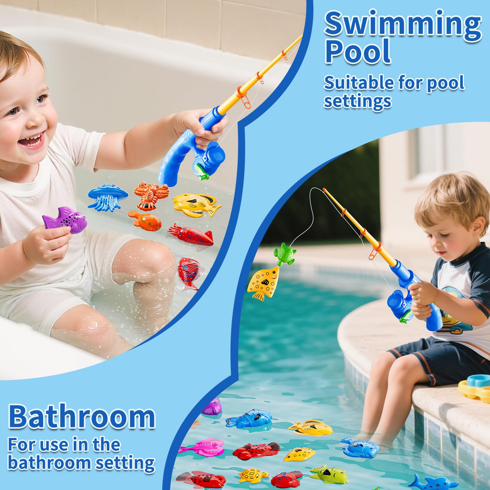 Magnetische Angel Pool Spielzeug Spiel für Kinder Kleinkinder, Bad Wassertisch Außenspielzeug mit aufblasbarem Pool, Pole Rod Netz, Bildungs Badewanne Spielzeug für das Alter 3 4 5 6 7 8