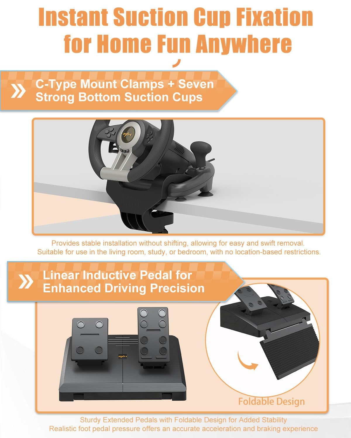 Coverzone Oyun Yarış Direksiyon PXN V3 Pro 180° Yarış Direksiyonu, Evrensel USB Bağlantı Noktası ve