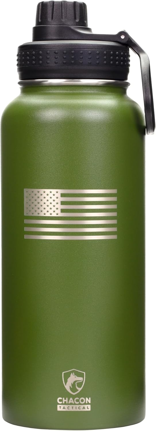 Insulated Water Bottle, Army Green, Stainless Steel, 32 oz, Lazer Engraved American Flag Design, Wide