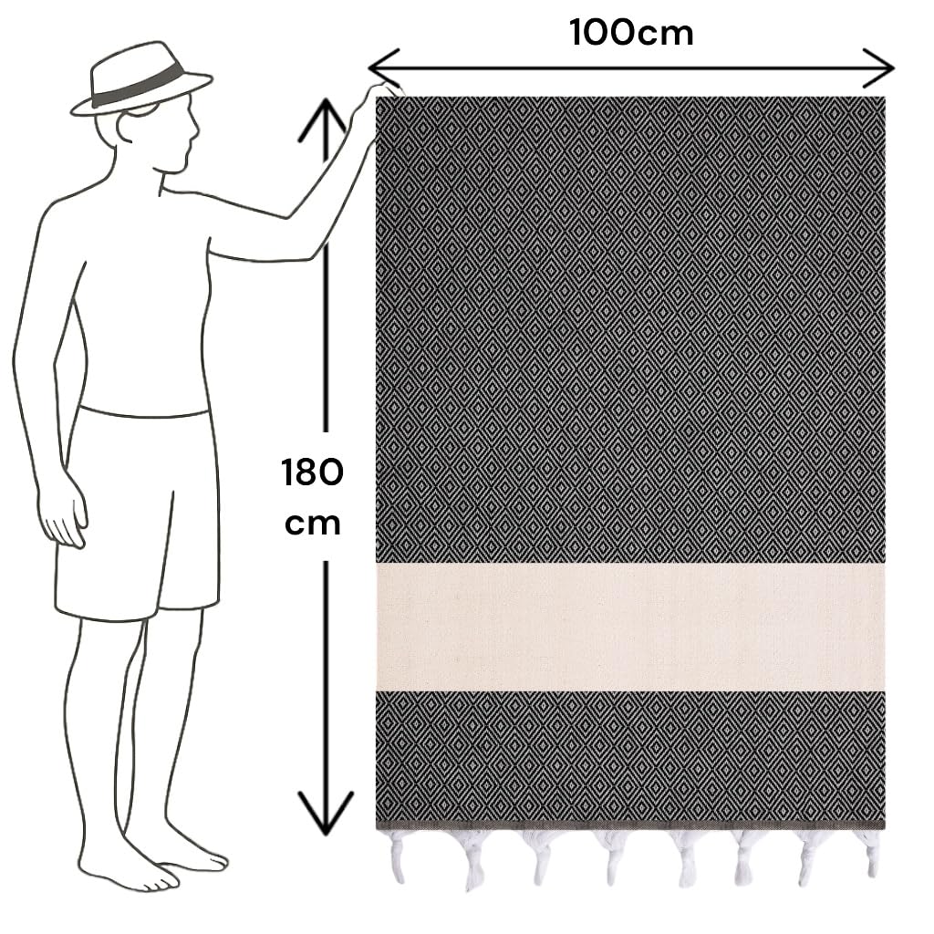 Lot de 2 serviettes de hammam et de sauna, serviette de bain Pestemal Fouta de qualité supérieure, élégante, serviette de plage Pestemal, design coloré et élégant (noir, lot de 2)
