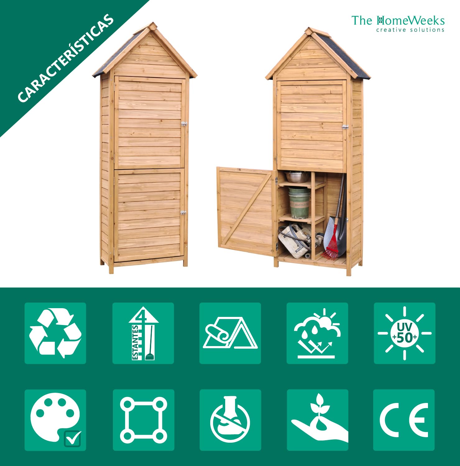 The Homeweeks Cobertizo Armario Caseta | Luka | Madera Tratada Maciza 70 * 35 * 177cm | Armario Multiusos | Impermeable | para Almacenamiento y Protección de Herramientas y Accesorios de Jardín