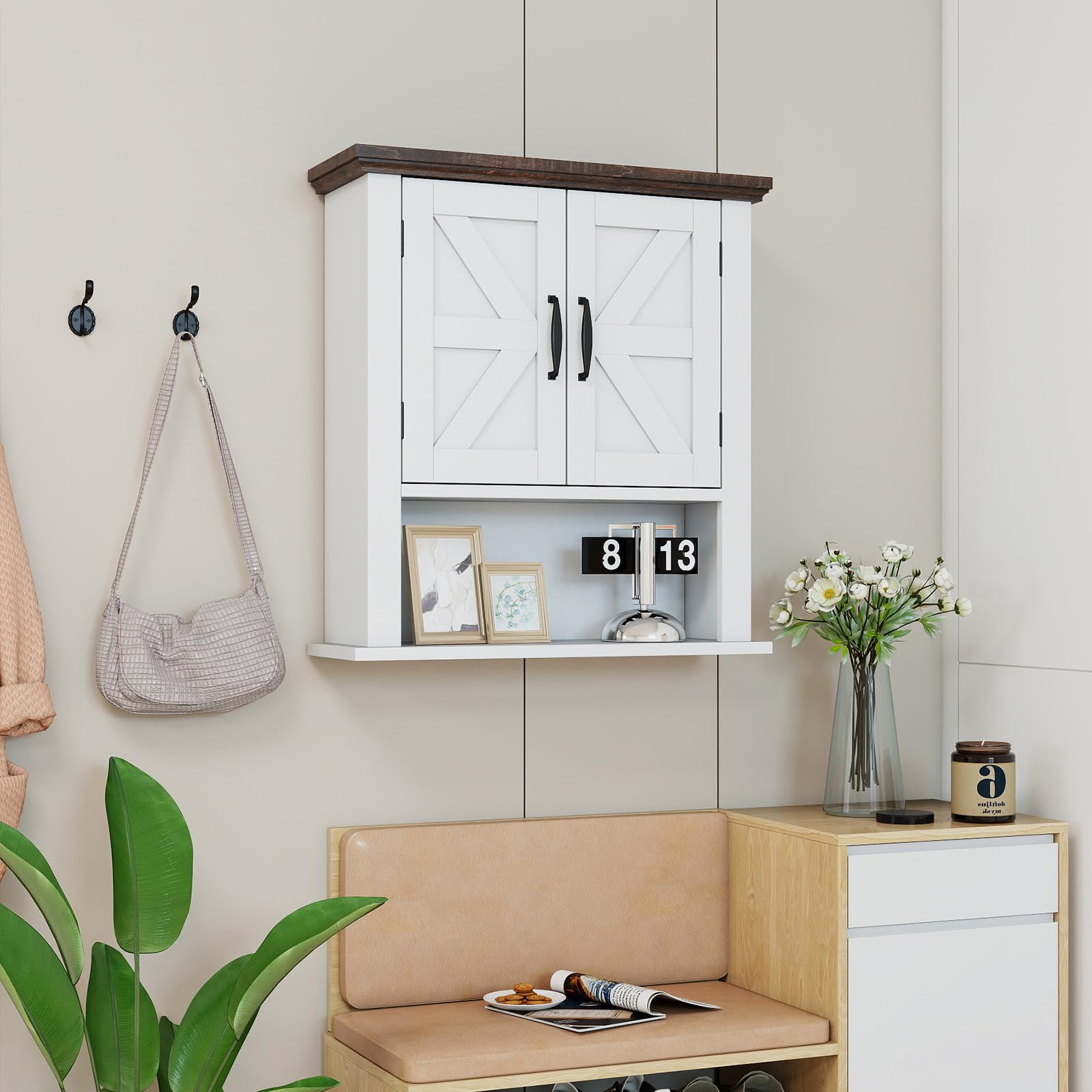 COSTWAY Armoire Murale Salle de Bain, Meuble WC Suspendu avec 2 Portes, Étagère Réglable, Compartiment Ouvert, Style Ferme, Placard de Rangement pour Toilette, Salon, 55 x 19 x 60 cm (Blanc)