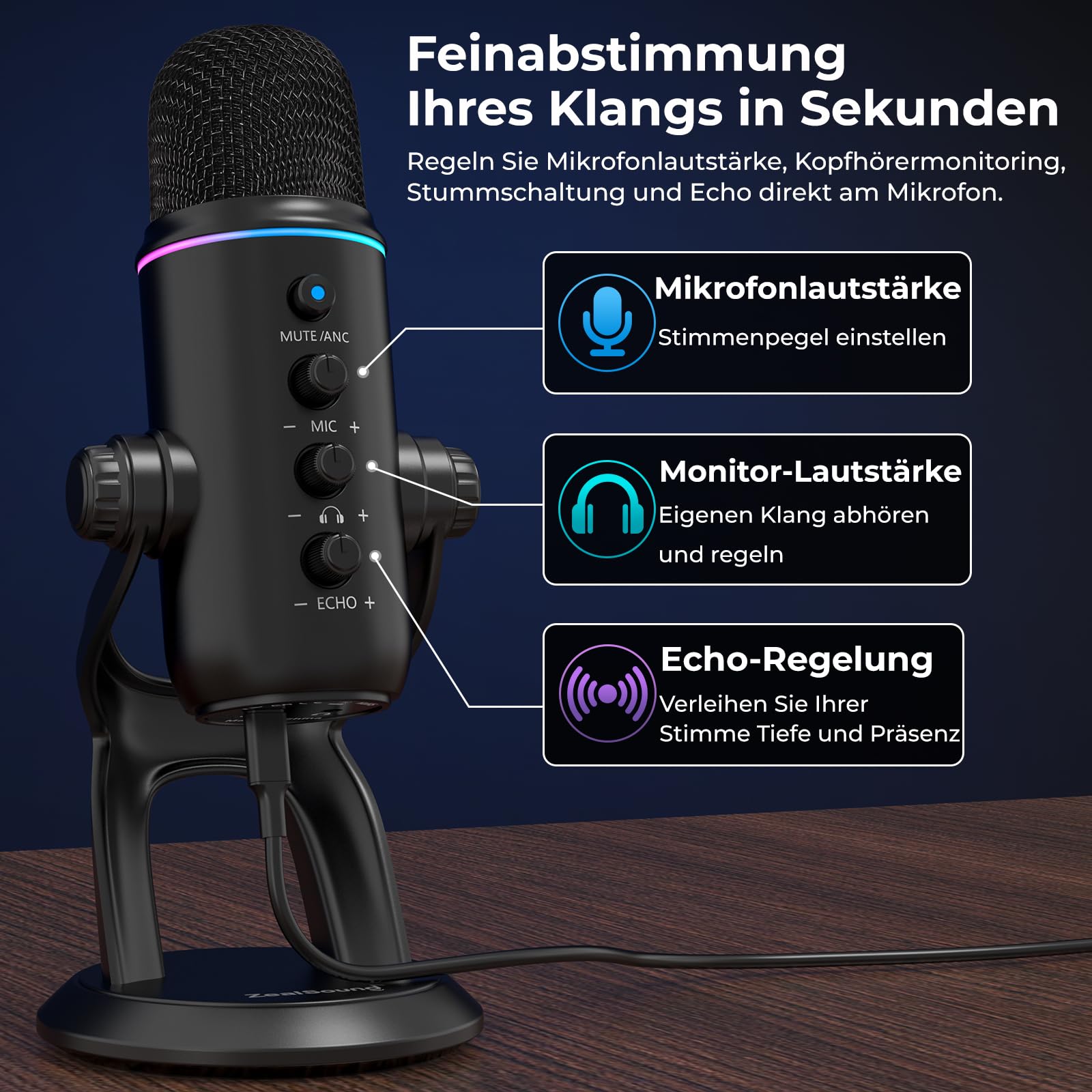 zealsound USB Mikrofon für PC & Smartphone, Plug & Play Podcast Mikrofon mit Rauschunterdrückung, Stummschaltung & Verstärkungsregelung, Desktop Kondensatormikrofon für Gaming, Streaming & Aufnahmen
