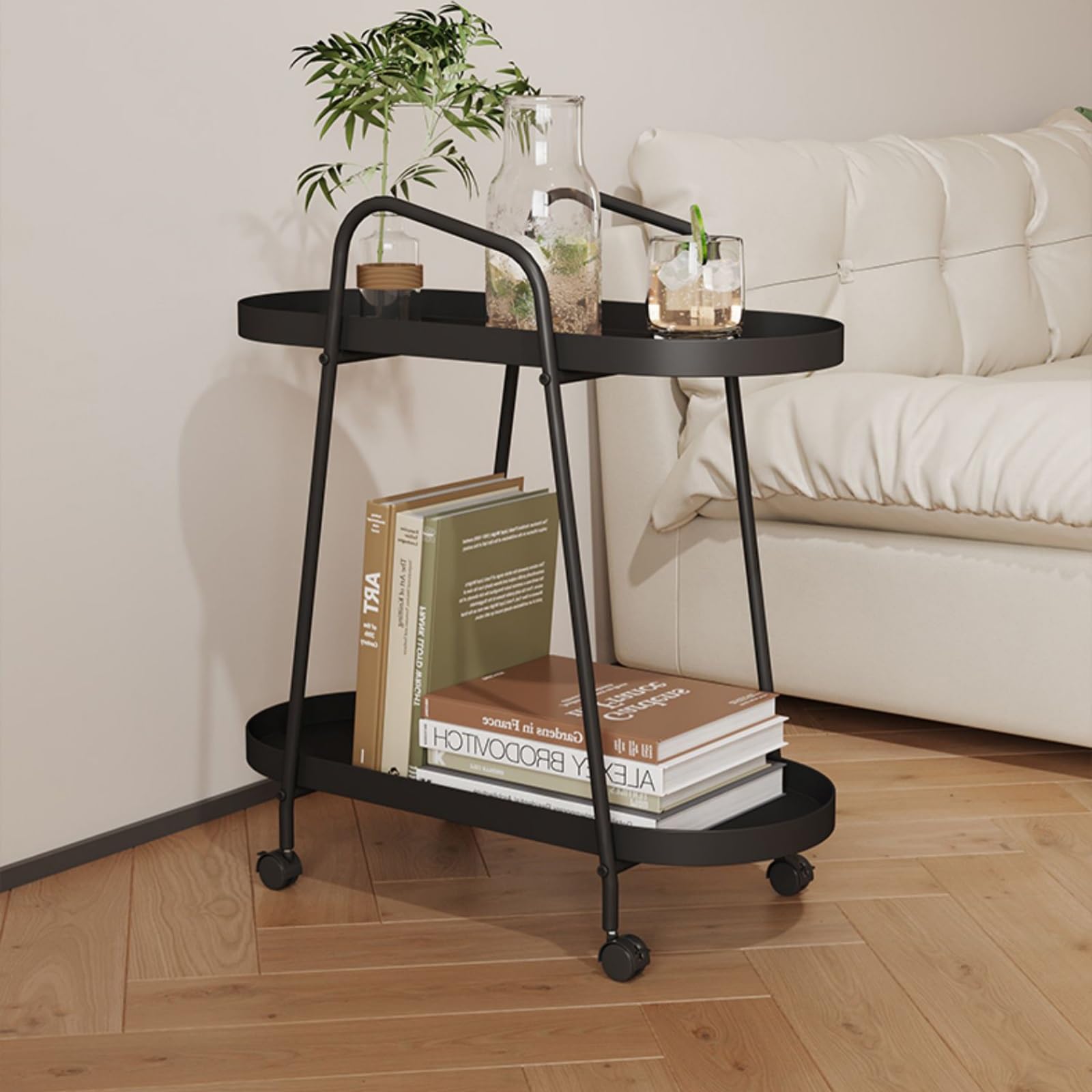 SXZenSpace Modern Mobile Side Table Double Layer Rolling End with Handrail Sofa Tables for Livingroom Bedroom(Svart)