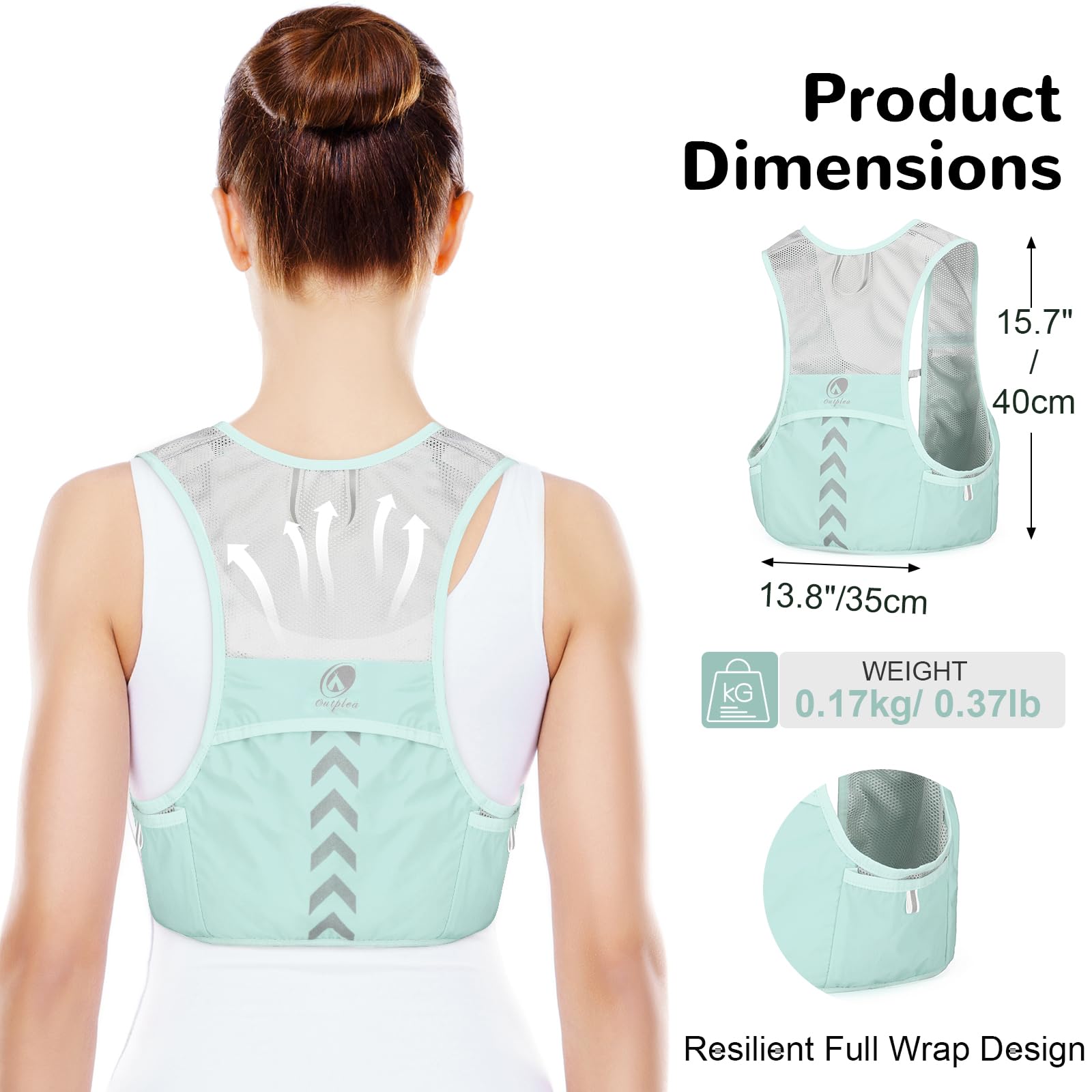 Gilet Hydratation avec 2pcs 500ml Bouteilles d’Eau Douce, Ultra Léger Gilet Trail Running Femme Homme, Réglable Sac Hydratation Running pour Randonnée Course à Pied Sport, Vert, M