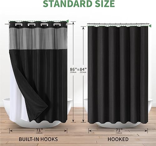 Miniatura 6 de Cortina de ducha extra larga sin gancho con forro de tela a presión, cortinas de ducha de tela con textura flameada para baño, cortina de ducha