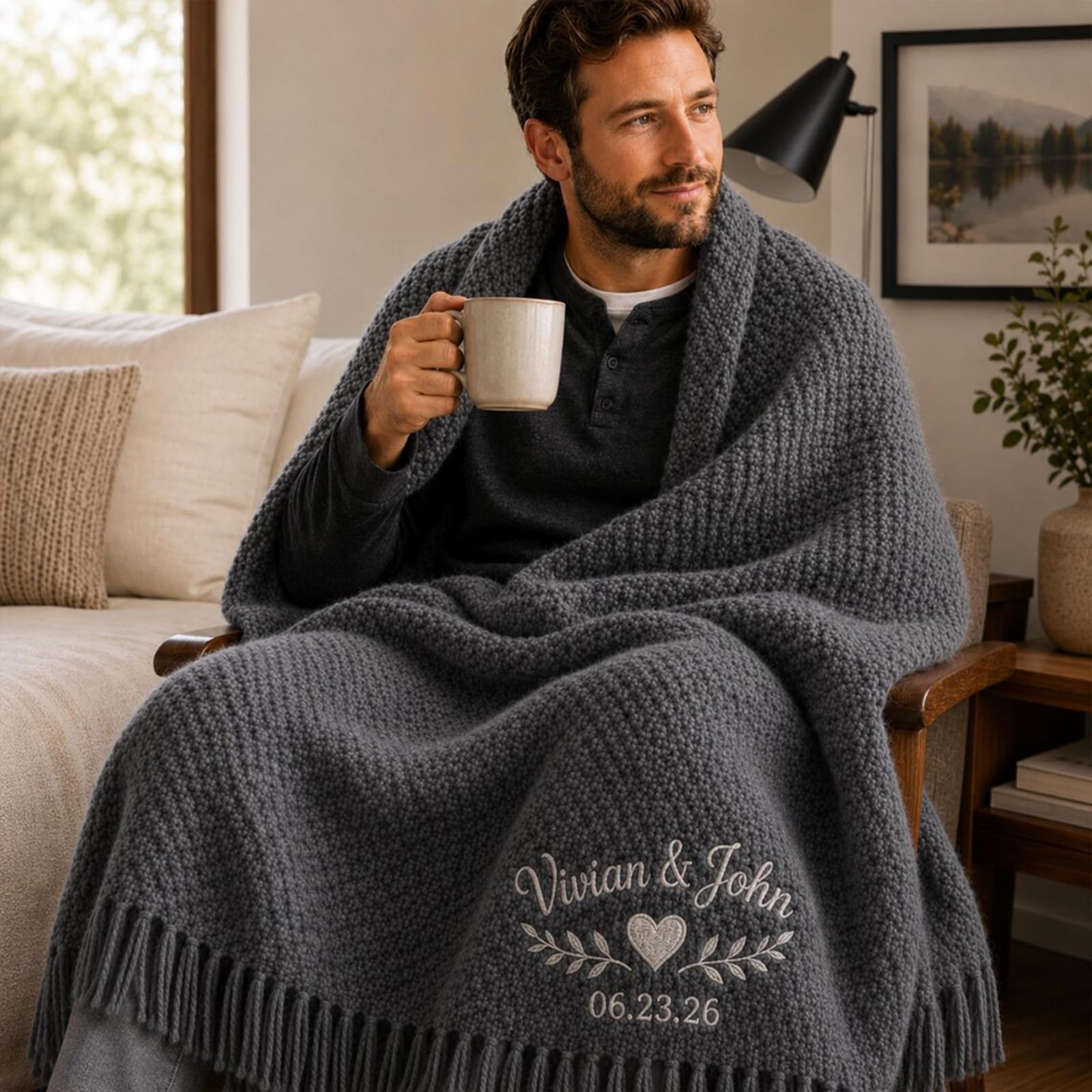 Manta bordada personalizada para boda, regalo de inauguración de la casa para parejas casadas, regalo para el hogar de recién casados, manta de punto con borlas, regalo para matrimonio (150