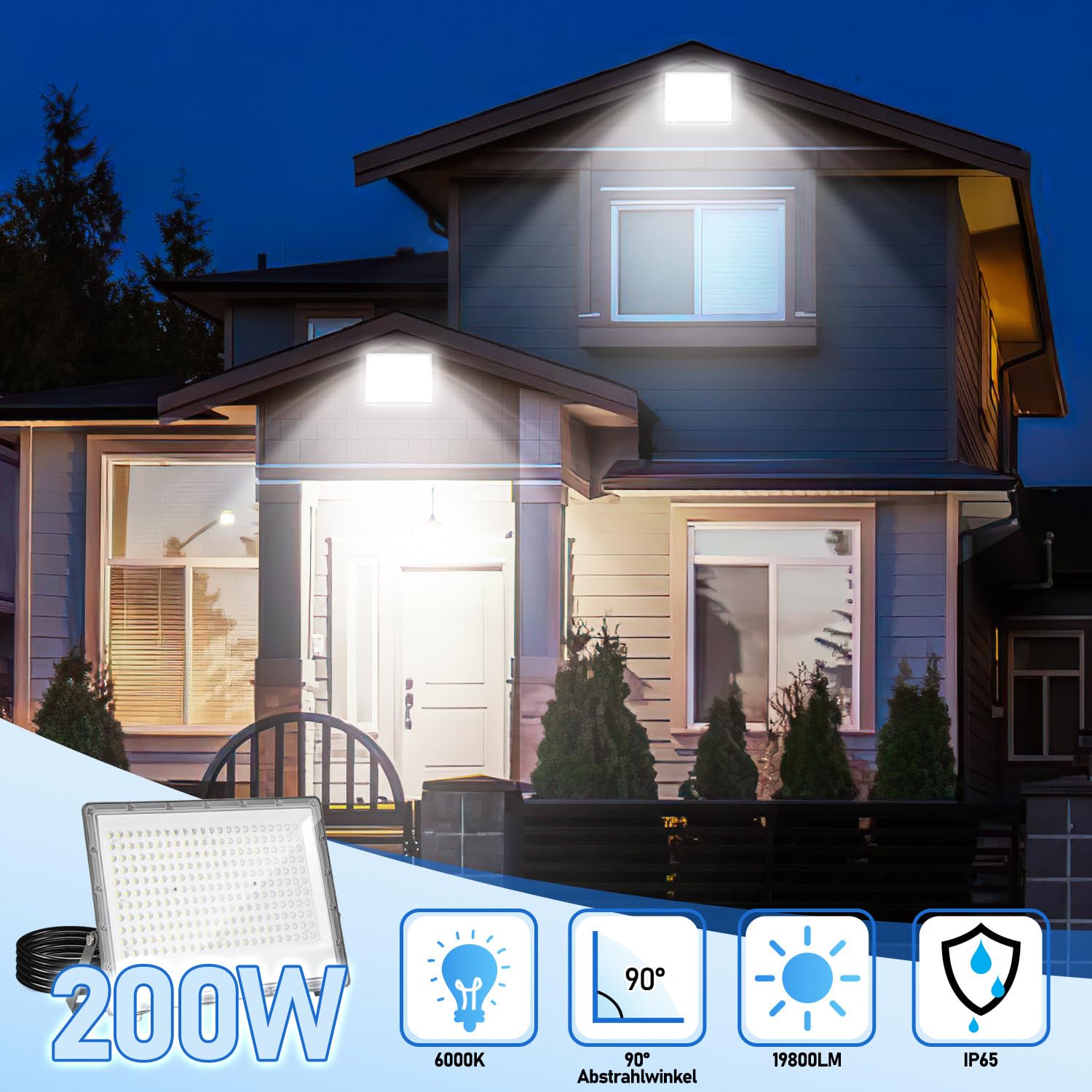 200W LED Strahler Außen 2er Pack, IP65 Wasserdicht und Superhell 19800LM Scheinwerfer, Flutlichtstrahler in 6000K Kaltweiß für Garage, Werkstatt, Garten, Stadion