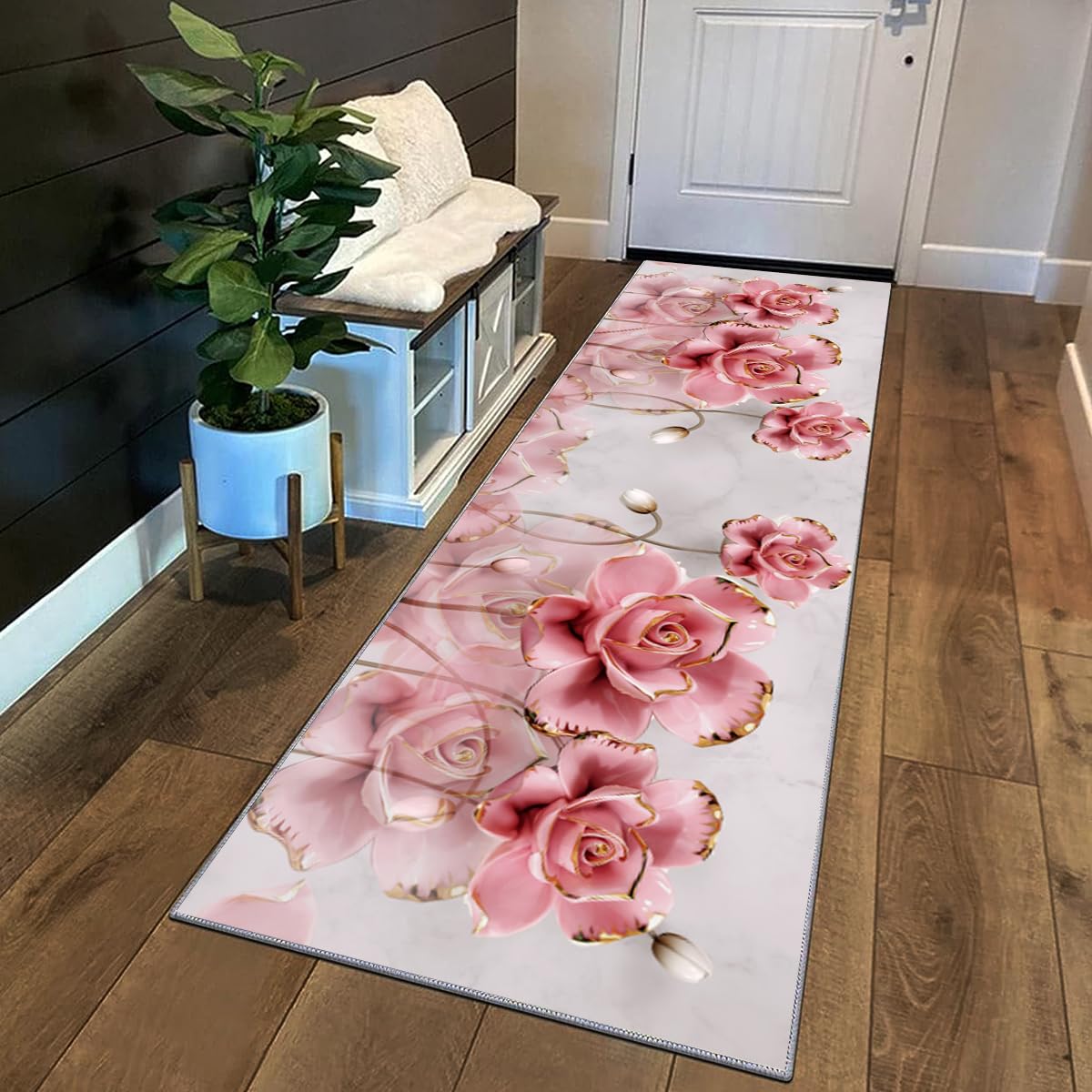 Tappeto Cucina Antiscivolo Lavabile 3.4 Metri Crema rosa Passatoia Corridoio Tappeti Casa 3D Motivo Floreale Tappeto Camera Per Cucina Bagno Soggiorno Passatoia Al Metro，50x340cm