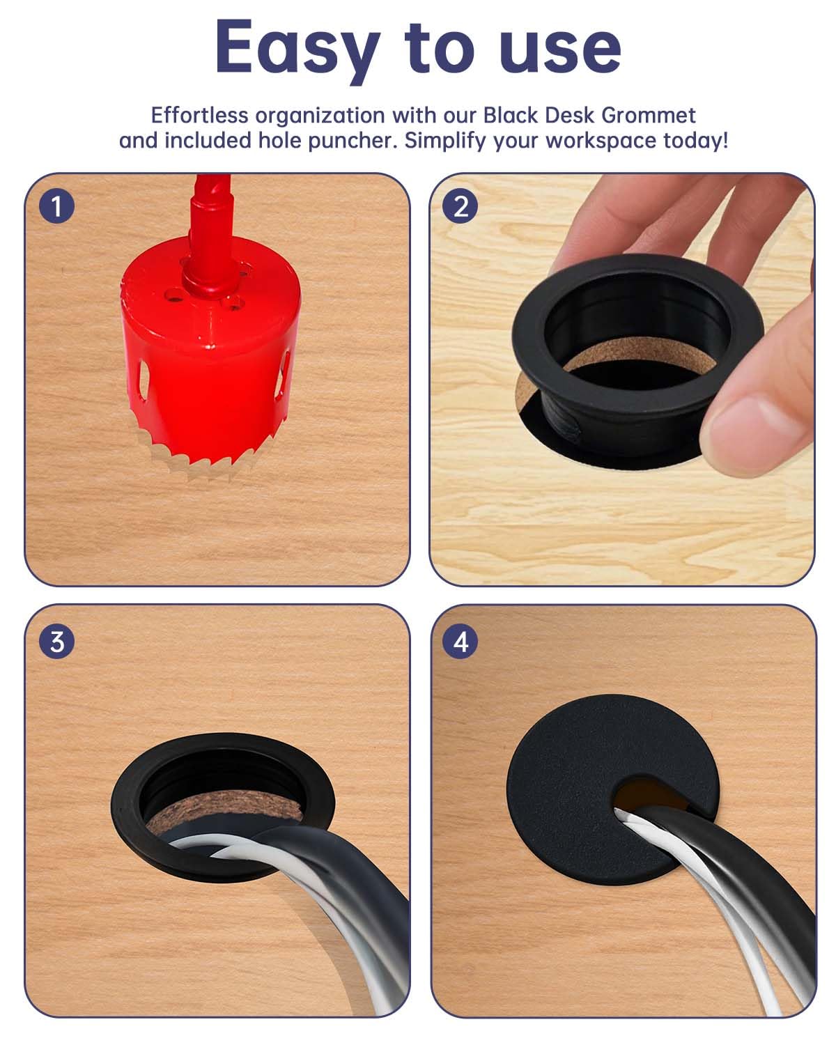 Desk Grommet 35mm, 10 Pack Black Cable Grommet & Desk Hole Cover with Hole Saw for Cables Cord Management for Office TV - Image 4