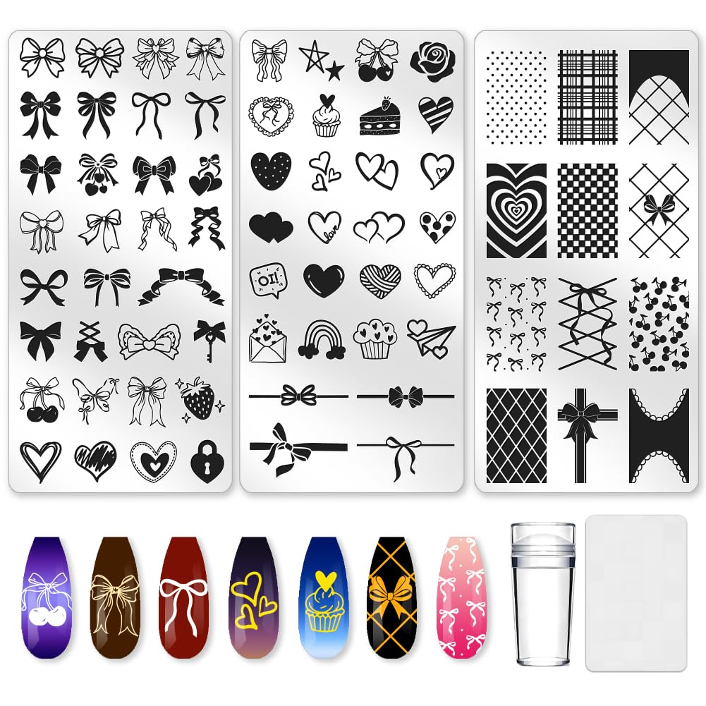3Pcs Bow Nail Stamping Plate Set Girly Elements Romantic Heart Shape Stainless Steel Nail Stamp Templates Clear Silicone Nails Stamping with Stamper Scraper for Manicure Printing