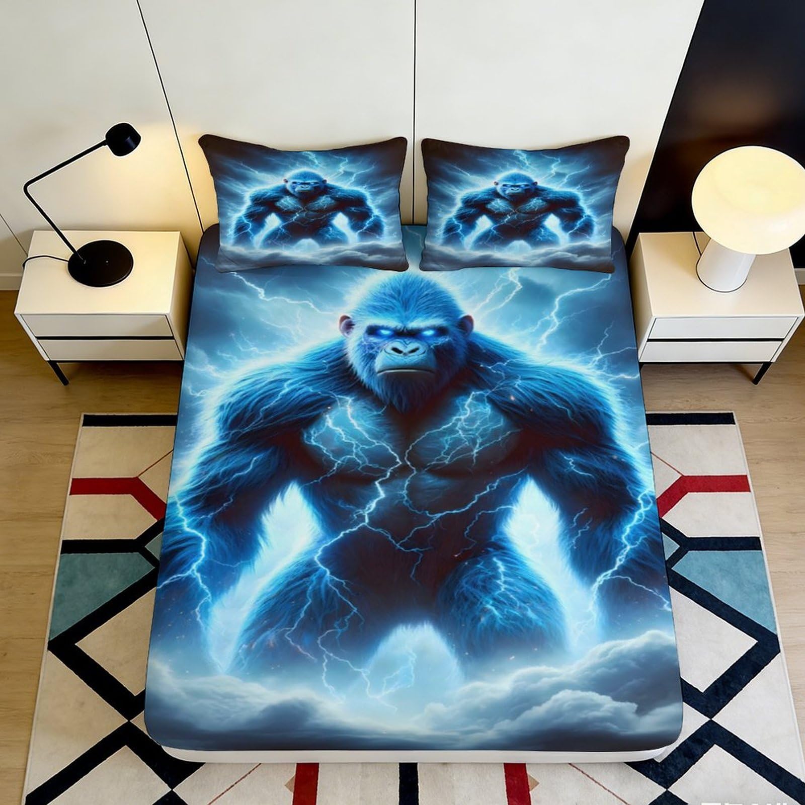 3D Printed Blue Lightning Gorilla Fitted Sheet Microfiber Non-Slip Deep Pocket Bedroom Bedding Set Blue Thunder Gorilla Mattress Fitted Cover Full Wrap Washable Home 160x200x25cm