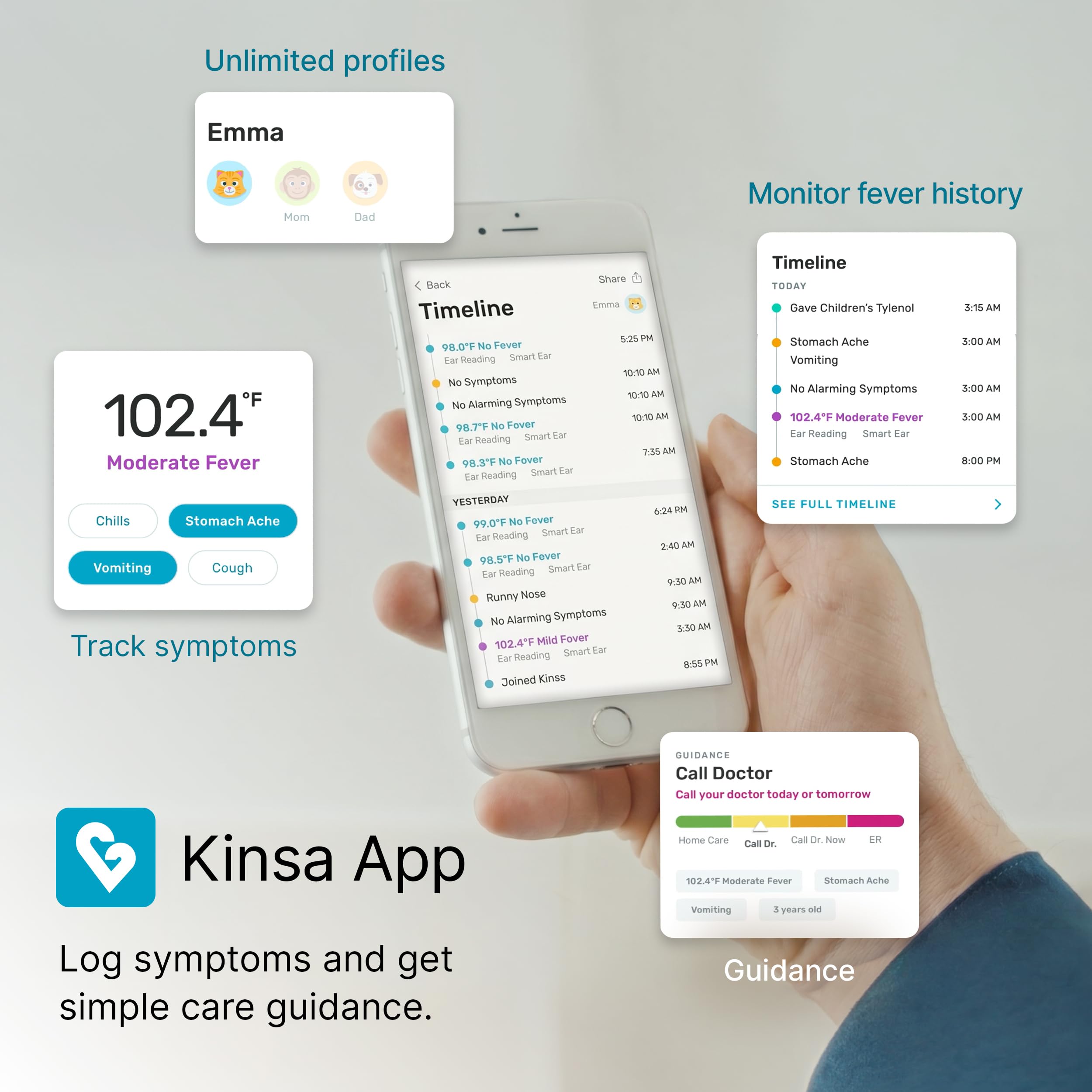 Kinsa QuickScan - Termometro intelligente senza contatto per fronte, con app, si abbina allo smartphone per monitorare la salute della famiglia e ottenere indicazioni sulle malattie, senza contatto
