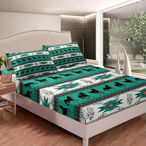 Miniatura 3 de Juego de sábanas de estilo bohemio azteca, occidental, para vaquera, para niños, adolescentes, atrapasueños, caballo, nativo americano, indio,