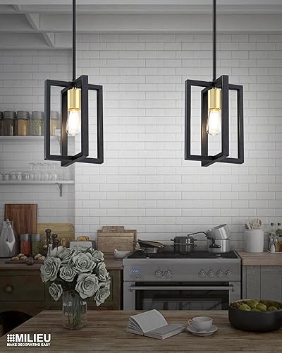 Miniatura 7 de Paquete de 3 lámparas colgantes de 1 lámpara industrial para isla de cocina, casa de campo, rústico, vintage, acabado negro y dorado, accesorio para