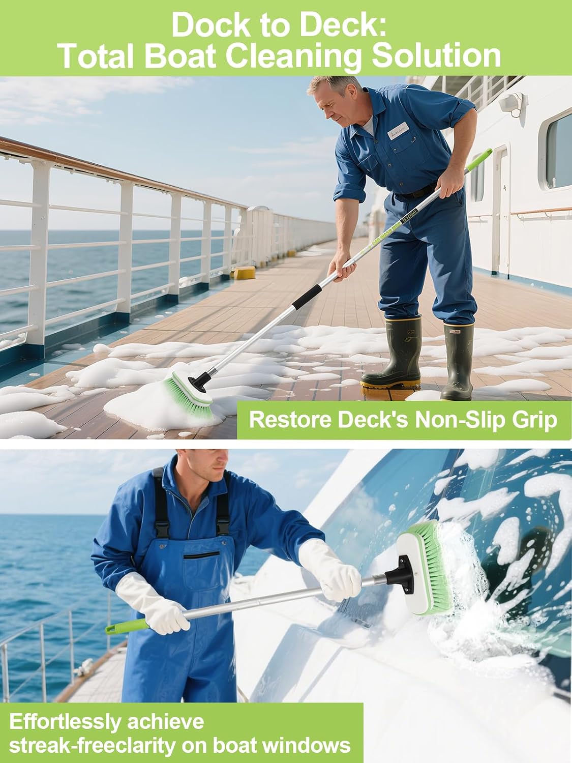 Boat Brush Telescoping Handle 4 Section Marine Scrub Extendable 20" to 62" Metal Connector Deck Auto Window Wall Floor Cleaning Heavy Duty 9.5" x 4.7"x3.5" Head Soft Bristles