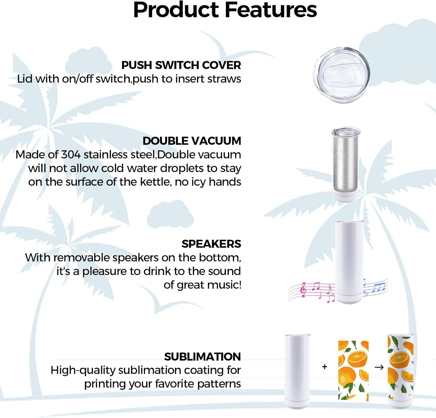 1 Pack 20 OZ Sublimation Blank Skinny Straight Tumblers Stainless Steels Double Vacuum Bluetooth Speaker Music Tumbler with Lid and Straw Heat Transfer Cup - Image 3