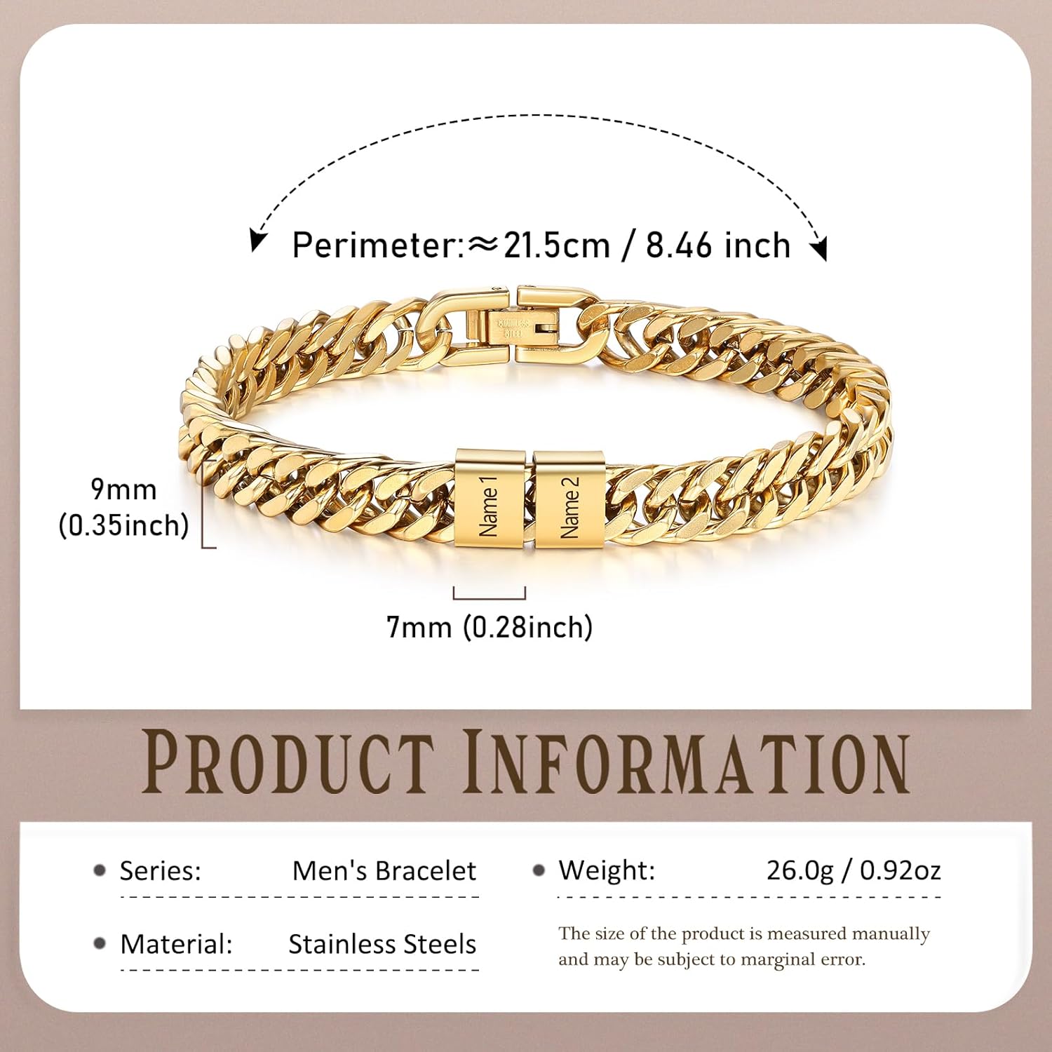 Personalized Cuban Bracelet for Men Dad Custom 2-6 Name Cuban Link Stainless Steel Mens Bracelet for Husband Boyfriend Grandpa Gift for Birthday Christmas