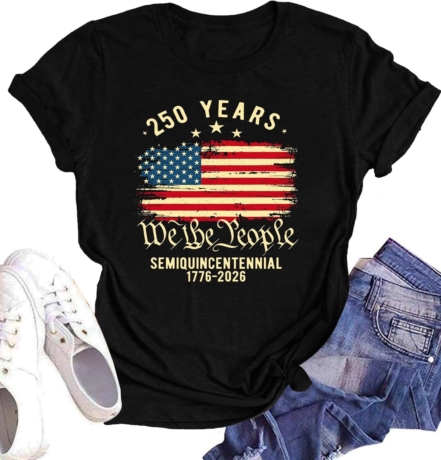 PODKREC 250 Anniversary USA Shirt Women 250th Anniversary USA Shirt Patriotic 250 Years American Flag Tshirt, Black1, S