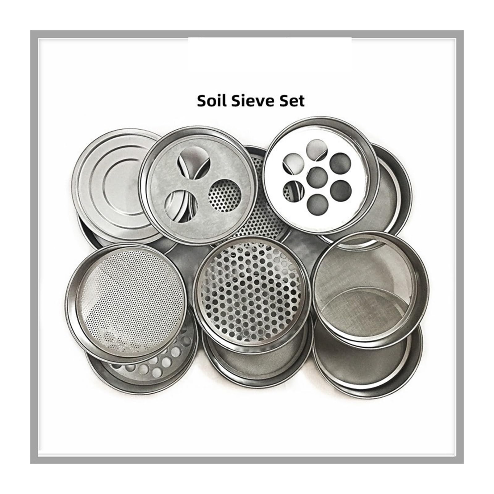 JUMELA Sieb-Set Bodensiebpaket Laborstandard-Analysensieb Gartenbau-Rundloch-Probensieb R30cm Öffnung 0,075-60mm Deckel und Tablett 11St