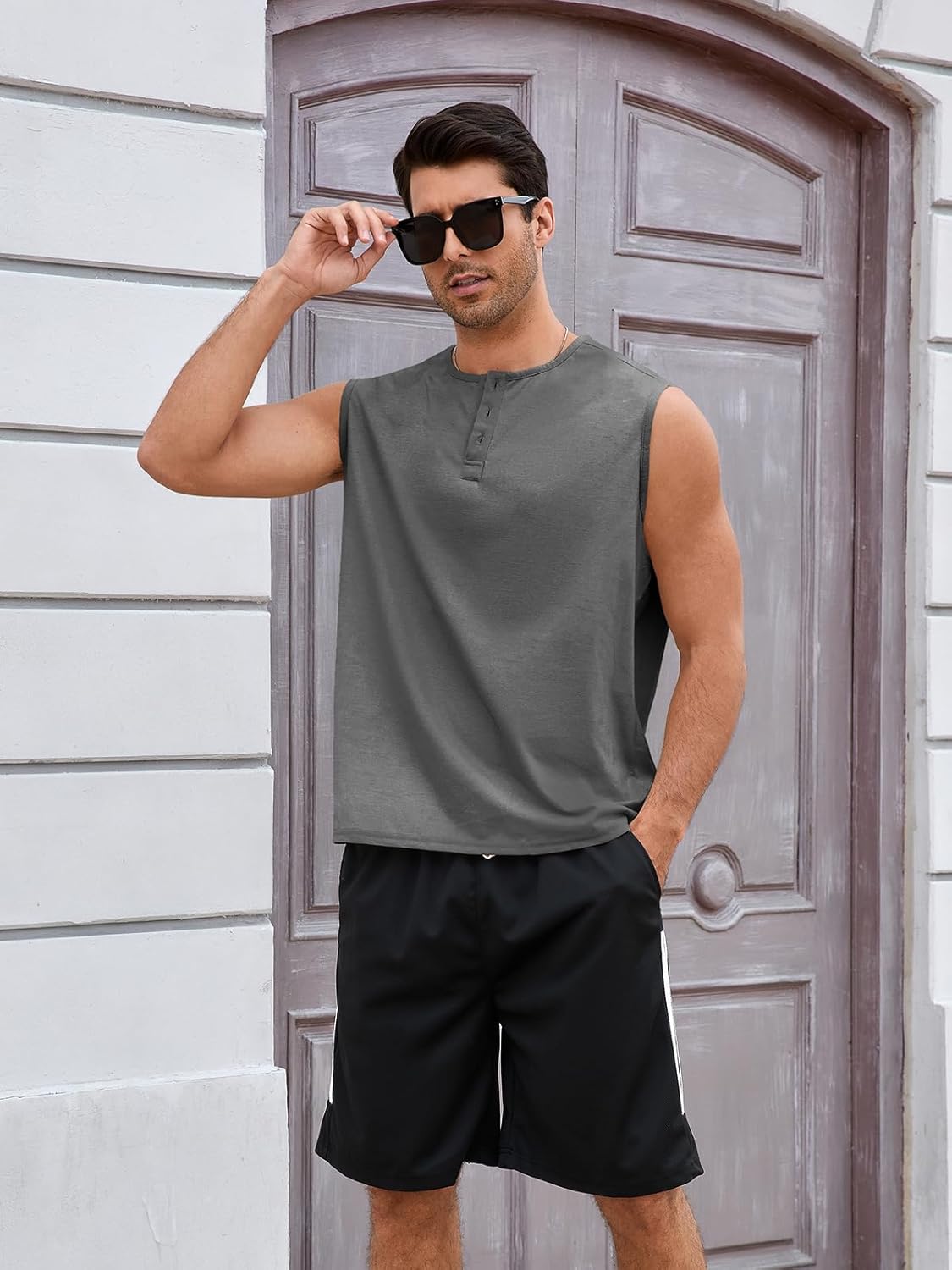 UNCLECAT Mens Tank Tops Summer Sleeveless Workout Muscle Henley Shirts Gym Slim Fit Tee - Image 5