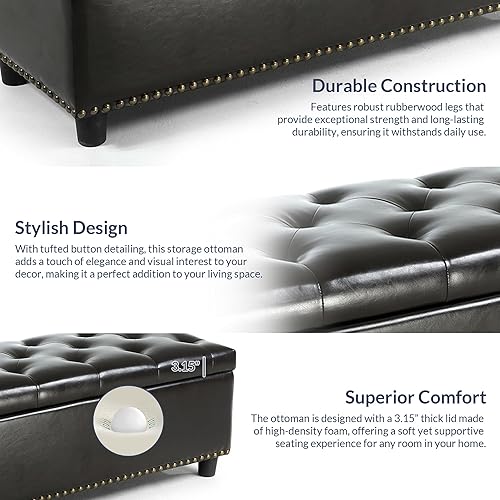 Miniatura 8 de Belleze Taburete rectangular tipo banco, para pies, de 48 pulgadas, de piel sintética y lino, grande, con espacio para guardar., Marrón