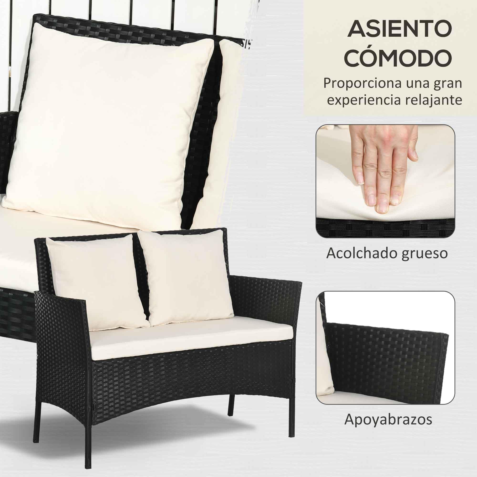 Outsunny Conjunto de Jardín Exterior de Ratán Sintético Juego de 4 Piezas Muebles de Jardín con Sofá de 2 Plazas 2 Sillones 1 Mesa de Centro con Encimera de Vidrio Templado y Cojines Crema y Negro