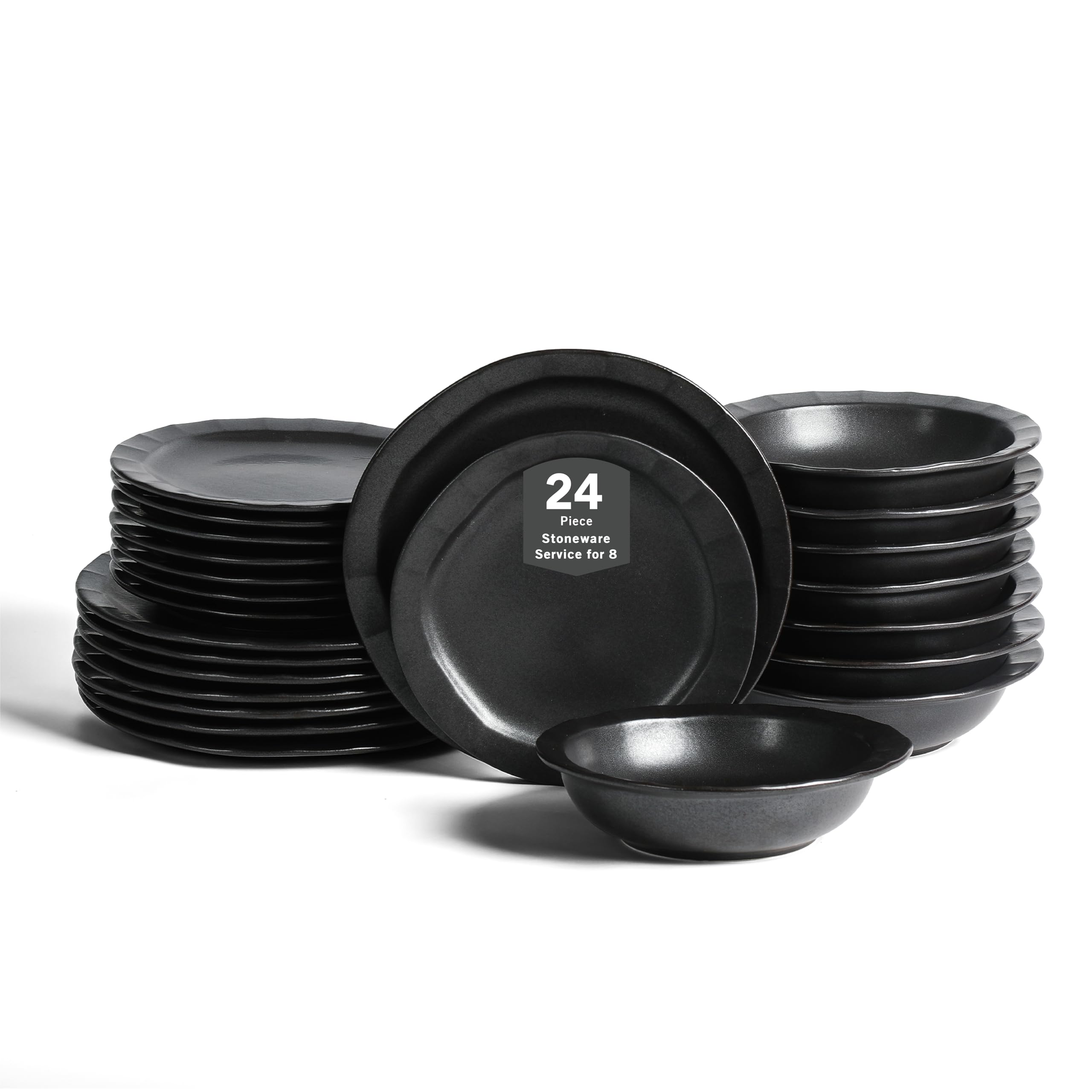 Stone Lain Oasis 24-Piece Dinnerware Set Stoneware, Dishwasher and Microwave Safe Plates and Bowls Set, Dish Set for 8, Black