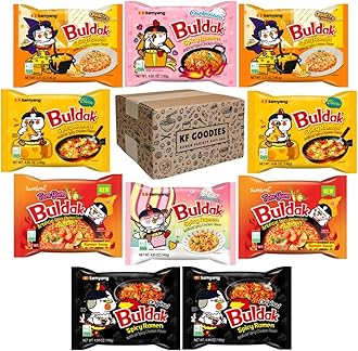 KF GOODIES Korean Ramen Variety Pack Gift Box (10 Count - Carbonara, Cream Carbonara, Cheese (2), Original (2), Quattro Cheese (2), Tom Yum (2)) – Spicy Buldak Noodle Assortment for Birthdays, College Care Packages, Office Snacks, and Gift Baskets
