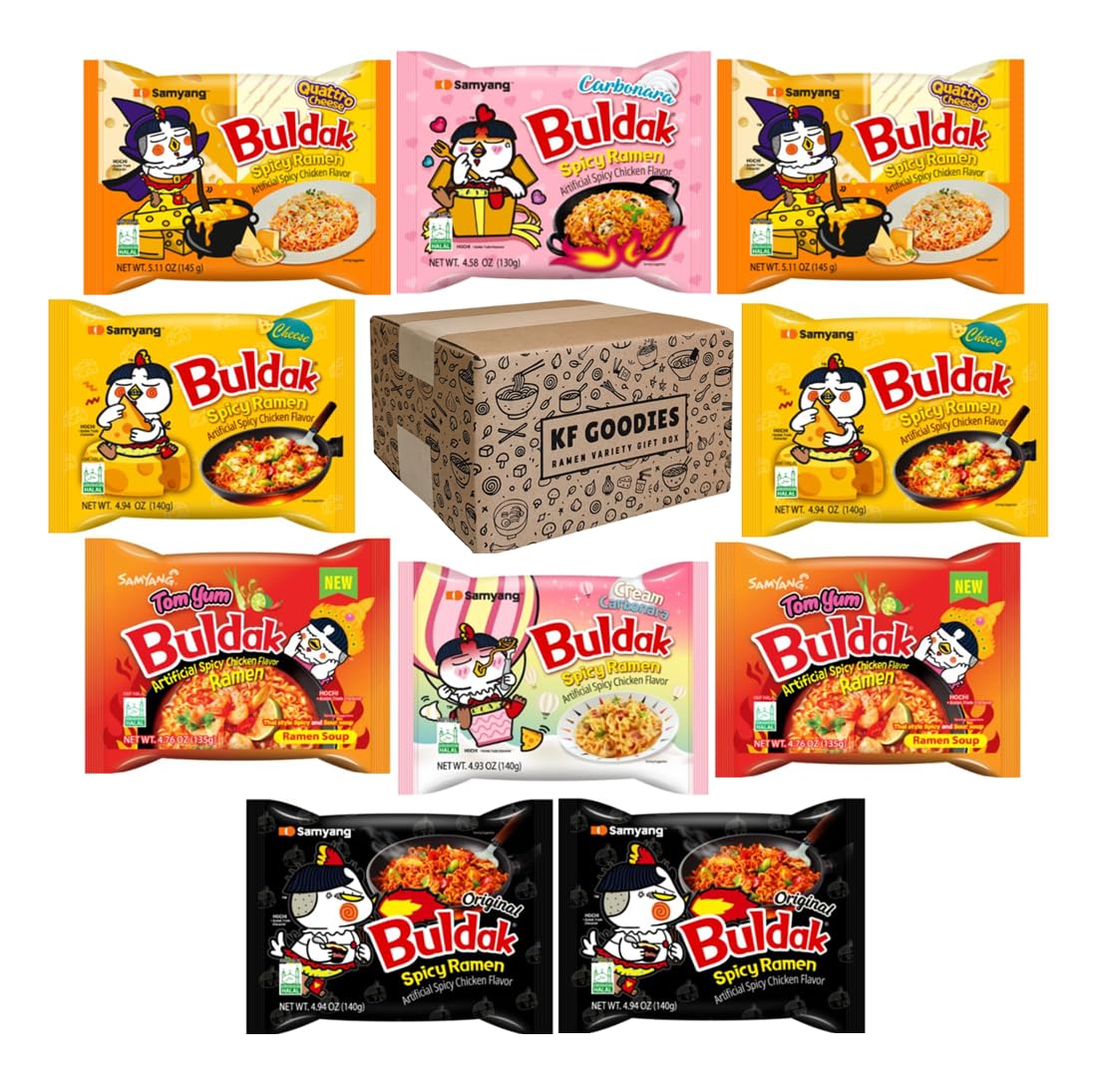 KF GOODIES Korean Ramen Variety Pack Gift Box (10 Count - Carbonara, Cream Carbonara, Cheese (2), Original (2), Quattro Cheese (2), Tom Yum (2)) – Spicy Buldak Noodle Assortment for Birthdays, College Care Packages, Office Snacks, and Gift Baskets