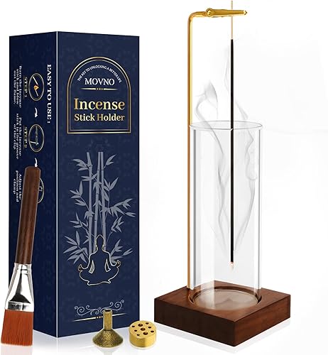 Soporte de incienso para palos, quemador de incienso volador anticenizas con bandeja de madera extraíble de vidrio y soporte de incienso de latón,