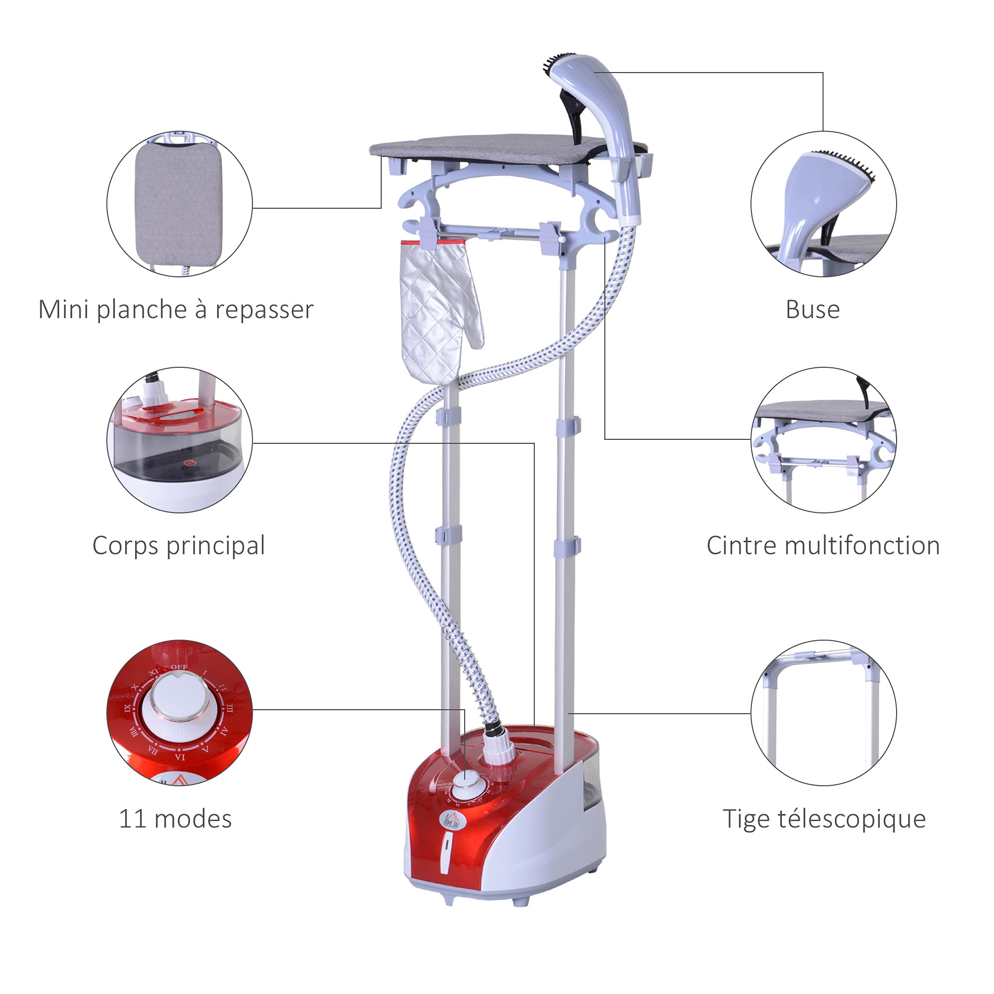 HOMCOM Défroisseur Vapeur Vertical 1950 W 32g/min Autonomie 45min Rouge | Réservoir d'Eau 2 Litres, Tige Télescopique, Fer Vertical, 11 Températures Réglables, Prêt en 38s, Planche et Cintre Fournis