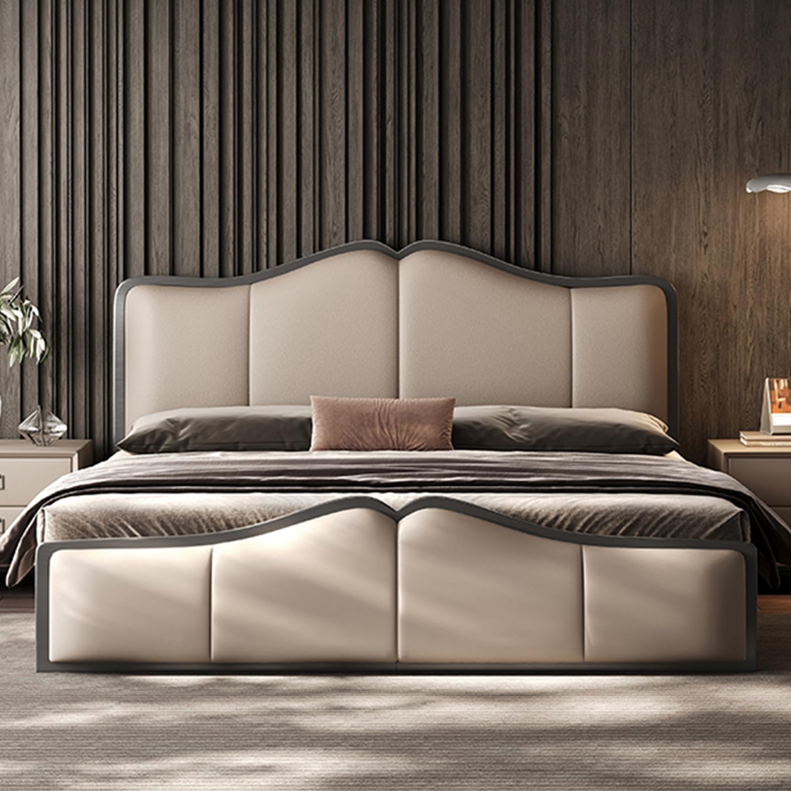King Size Genuine Leather Bed Set Upholstered Platform Bed Frame with Wingback Headboard and Drawers Strong Wooden Slat