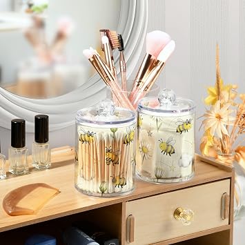 Yellow and White Daisy Flower and Bee Clear Plastic storage container with lid Bathroom Essentials Decorative storage bin for Cotton Swabs,Cotton Pads,Floss Picks,Paper Clips,Hair Clips 2 Pack