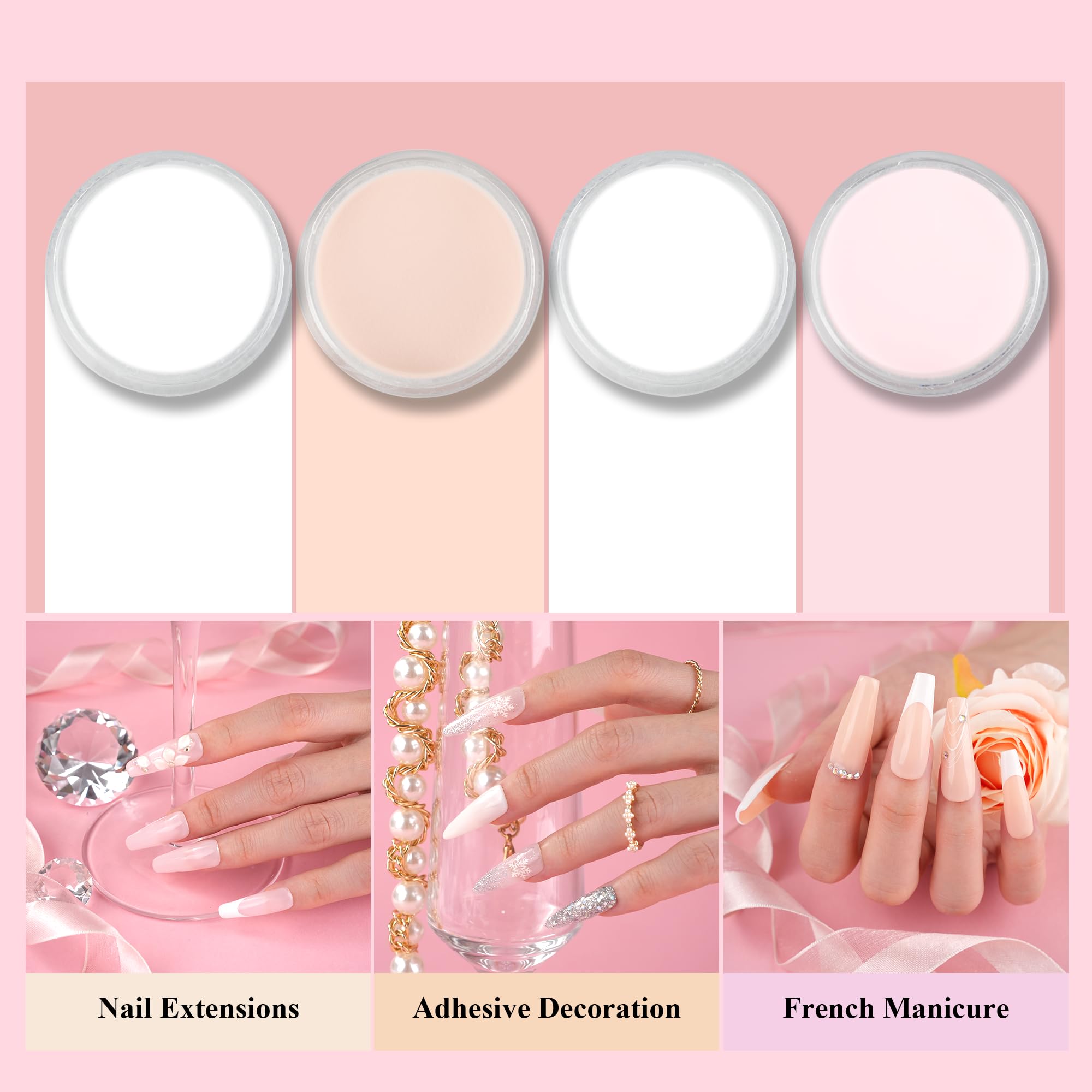 EODCI Set di unghie in acrilico, 2OZ, set di polveri acriliche professionali, 4 colori, trasparente, rosa nude, bianco, in polvere acrilica per unghie, set di unghie in acrilico, per l'estensione