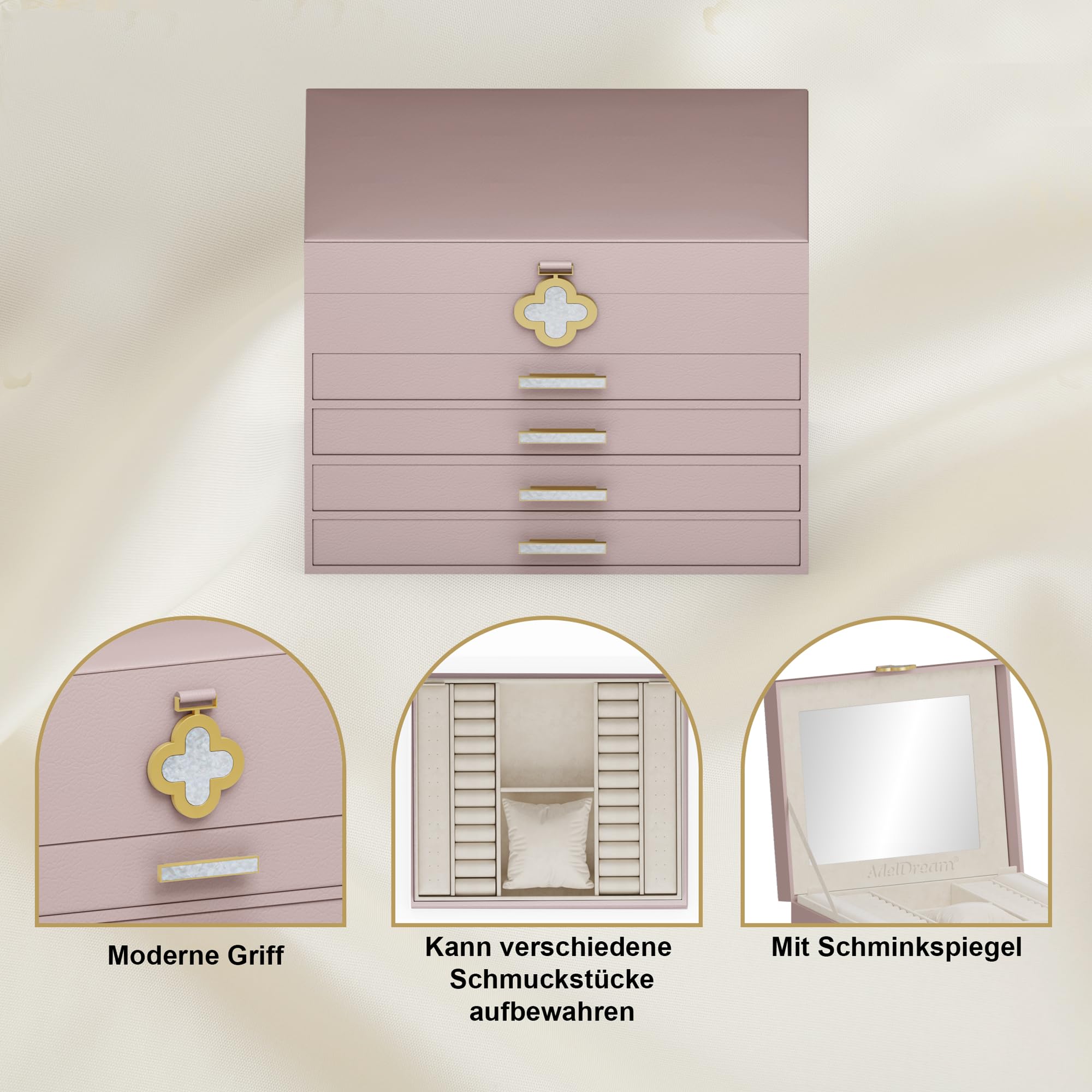 ADEL DREAM Portagioie a 5 ripiani con bottone a forma di quadrifoglio, con vassoio estraibile, con grande specchio, scomparti regolabili fai da te, per mamme e ragazze, rosa