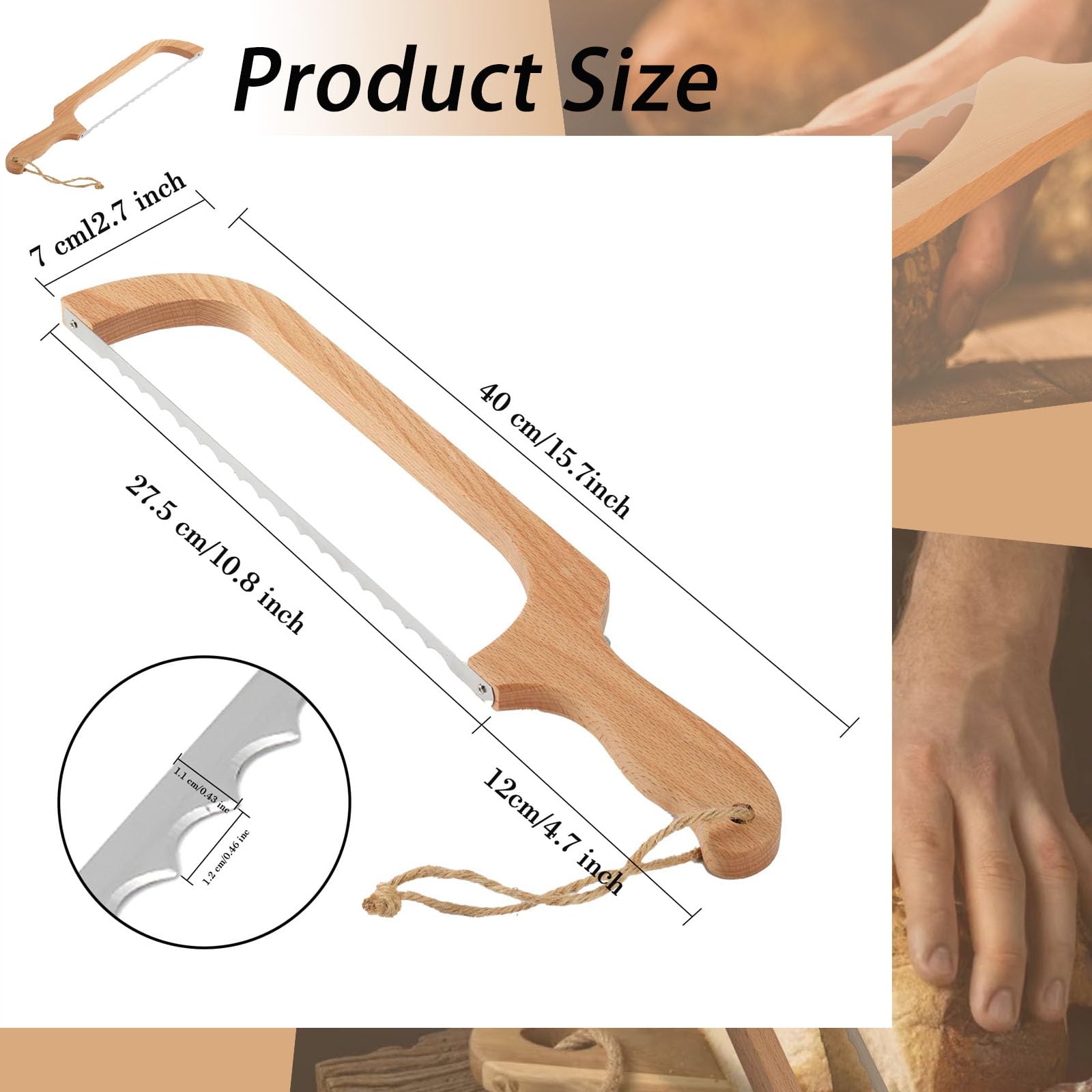 Aetomtins 16in Wooden Sourdough Bread knife with Bow Design,Bread Slicer for Homemade Bread,Premium Stainless Steel Serrated Saw Bread cutter for Bagels, Baguettes