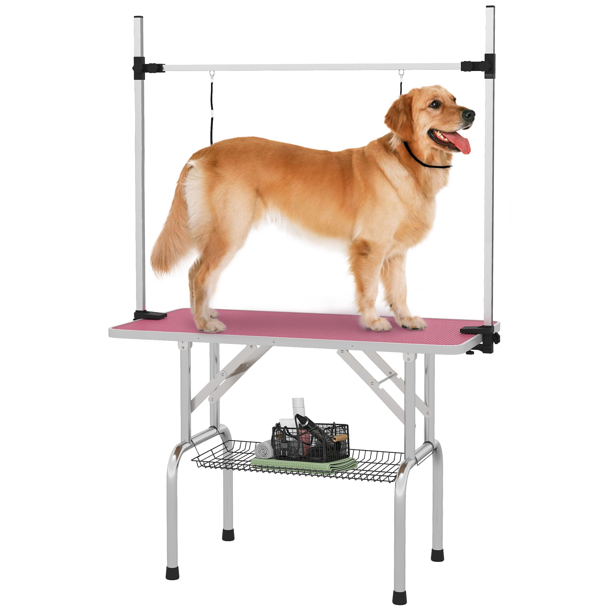 PawHut Table de toilettage pliable, table de toilettage avec panier en métal, plan de travail antidérapant, barre réglable en acier inoxydable, pour chiens, chats, 107x60x164 cm, rose
