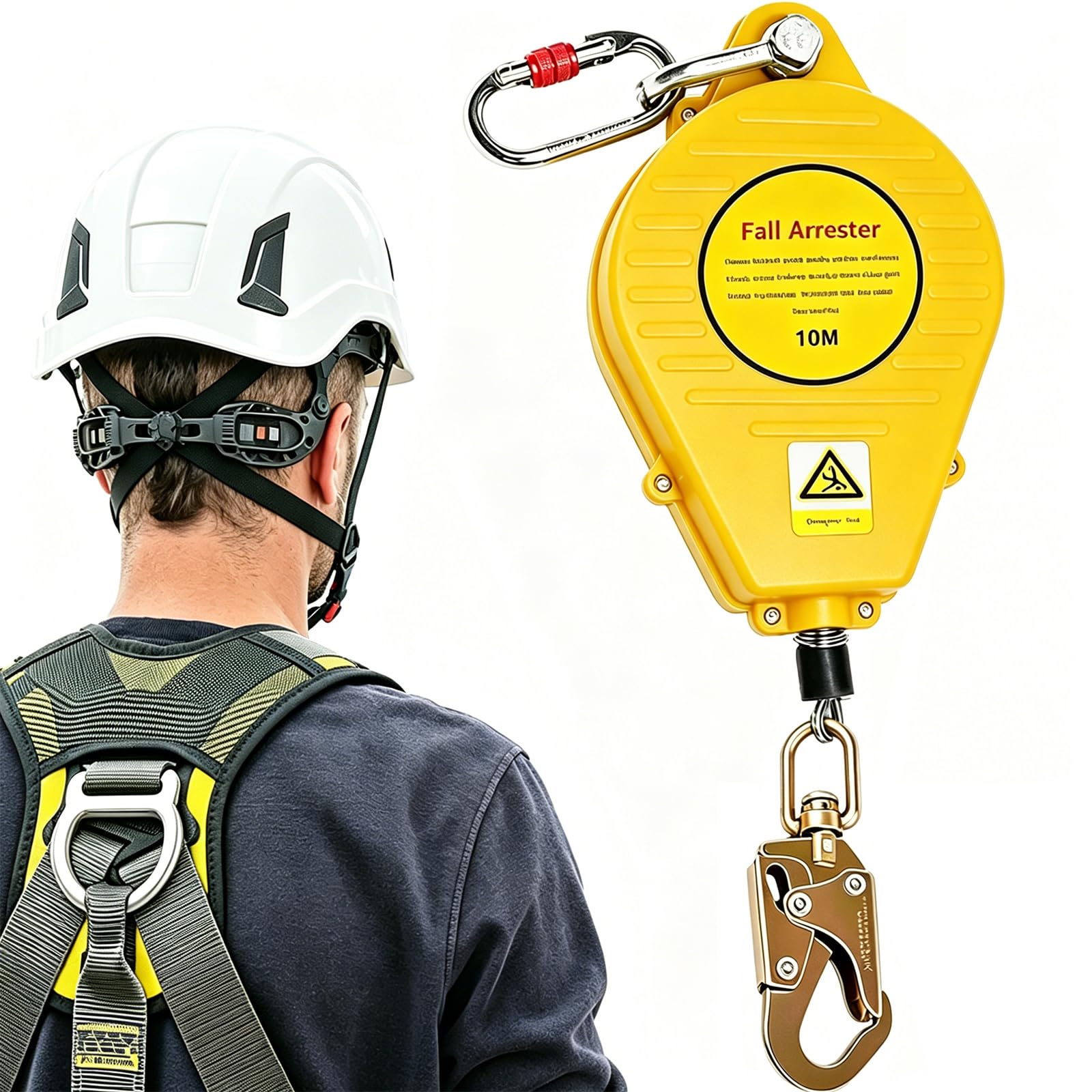Dispositivo Anticaduta Retrattile Certificato, 10m Imbracatura di Sicurezza Anticaduta con Gancio Autobloccante, Professionale Dispositivo Retrattile di Sicurezza Anticaduta (Giallo)