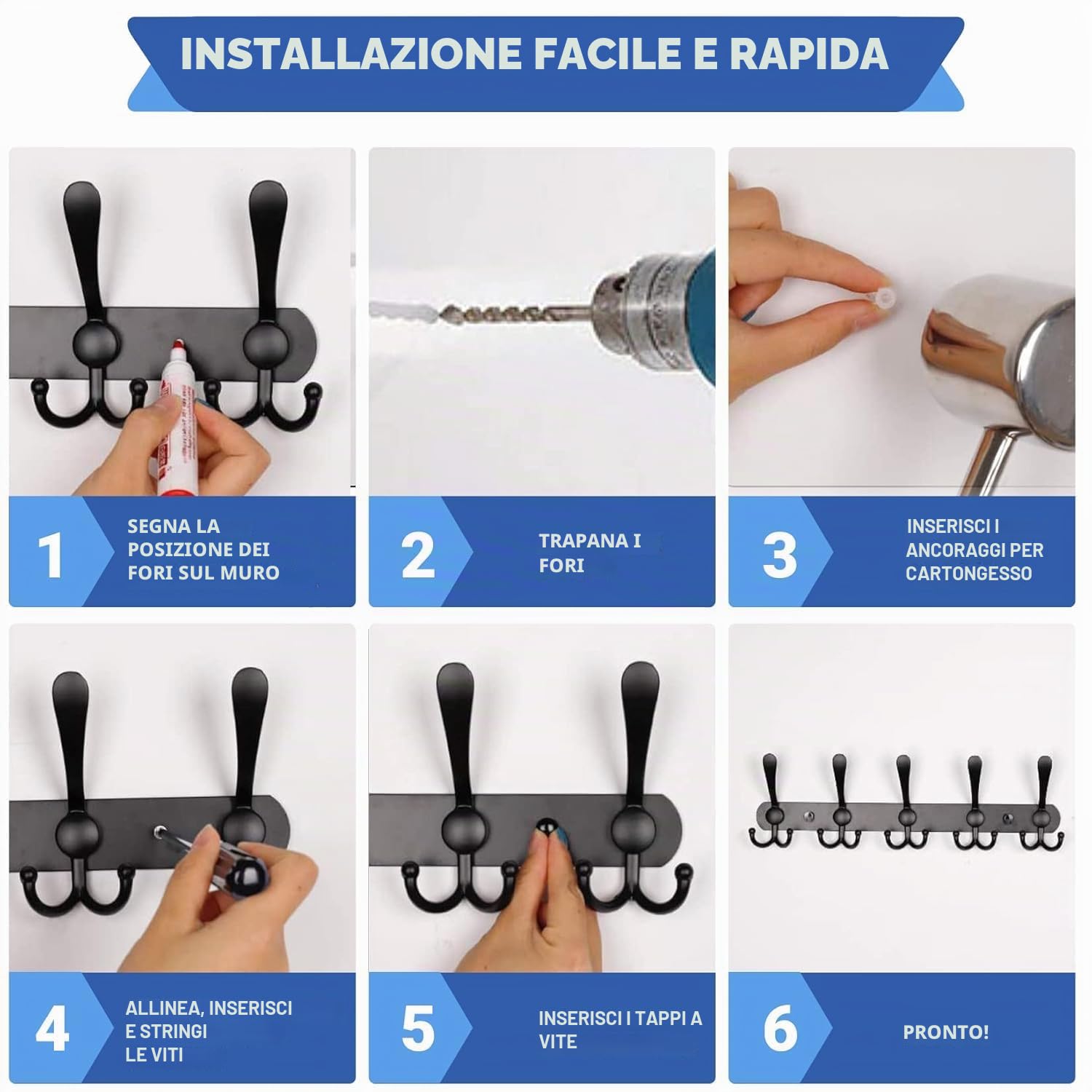GlazieVault Ganci Appendiabiti da Parete - Attaccapanni da muro (Confezione da 2) - Appendi Abiti Moderno Resistente per la Parete - Nero Ganci Appendiabiti da Parete e Appendino da Muro