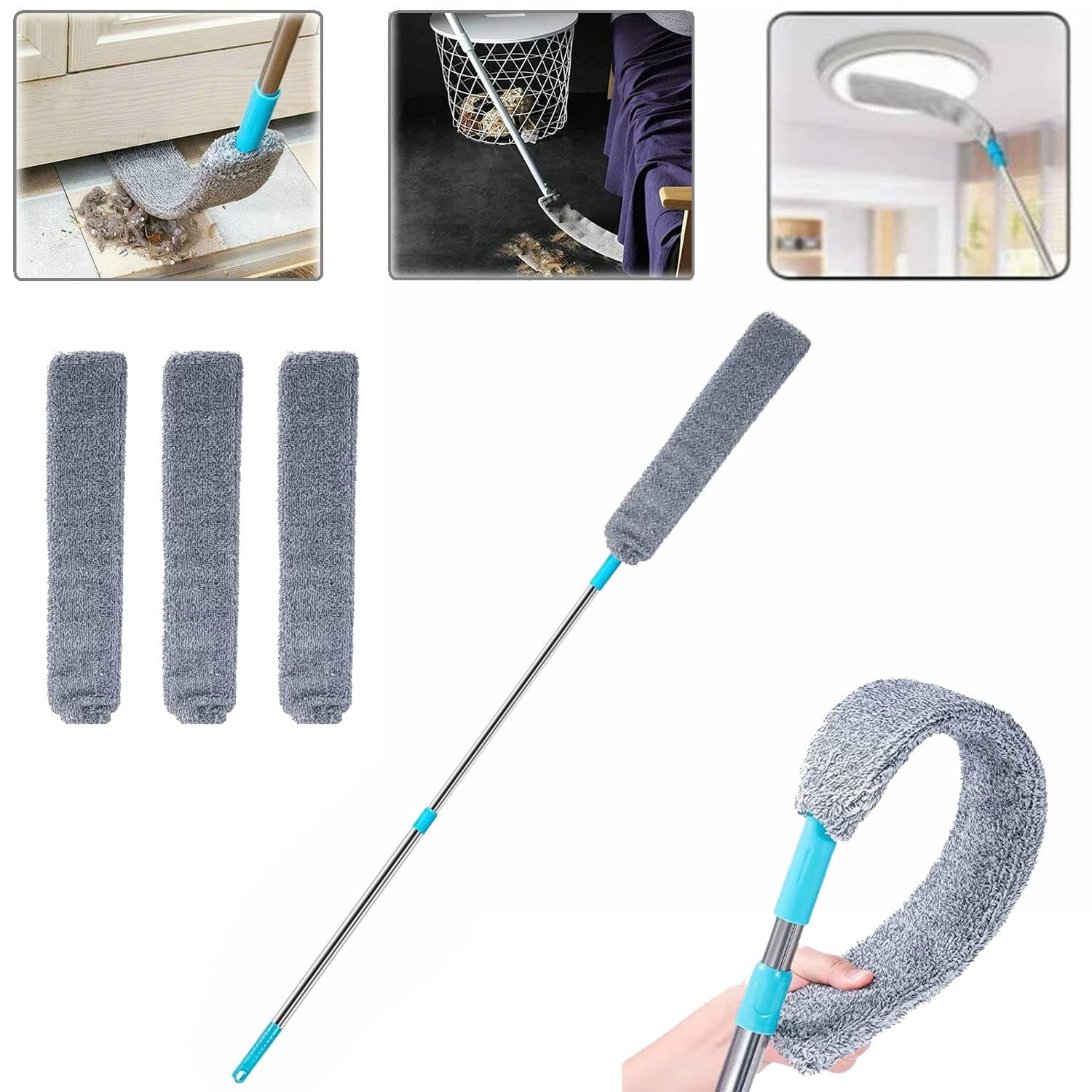 Retractable Gap Dust Cleaning Brush Under Appliance Microfiber Duster with Extension Pole (36 to 49 inches) Extendable Gap Duster for Cleaning Sofa Bed Furniture Bottom - Wet or Dry